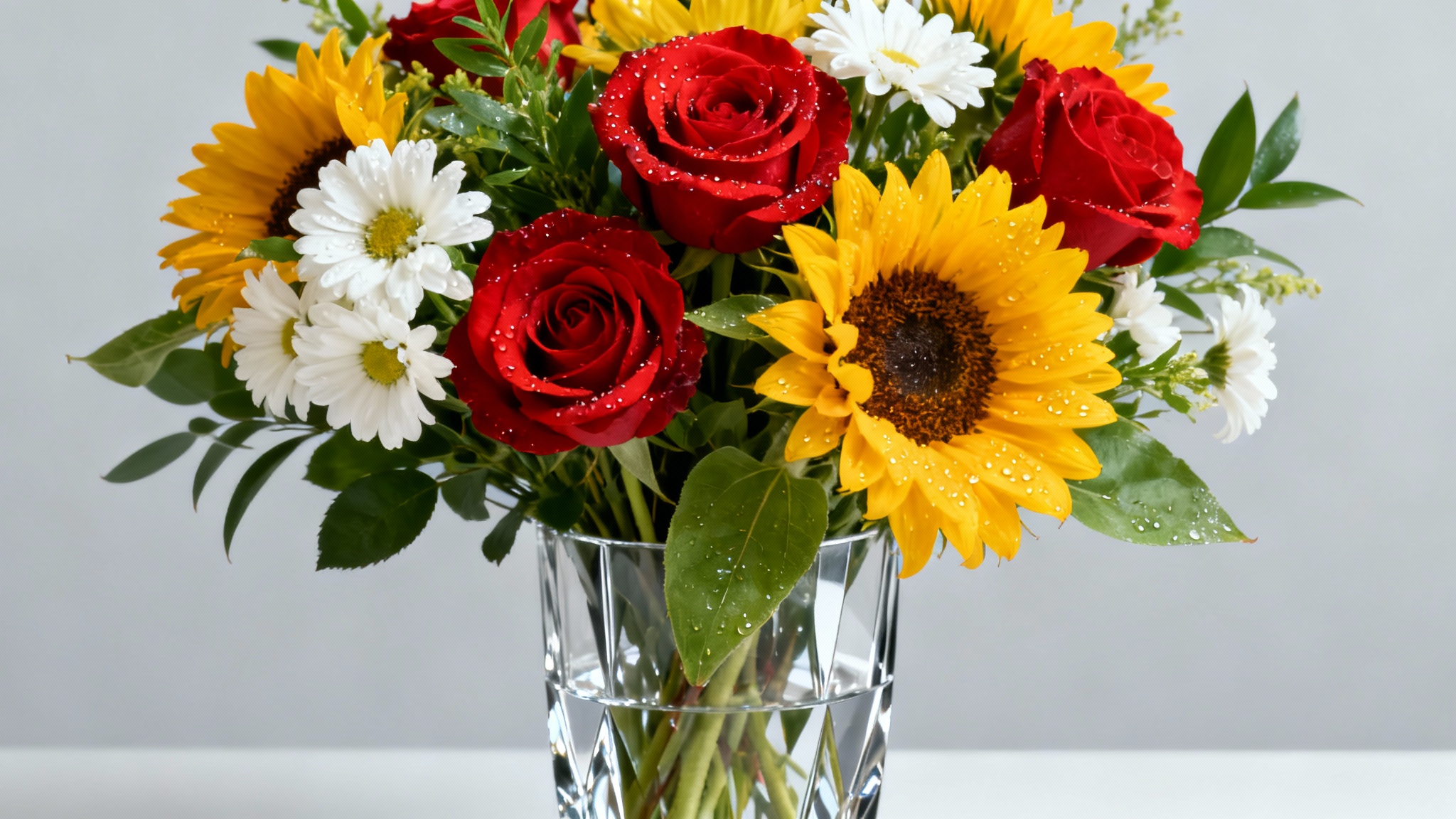 A professionally photographed, vibrant bouquet of red roses, yellow sunflowers, and white daisies in a clear glass vase, set against a clean, minimalist studio background, representing a final, polished product.