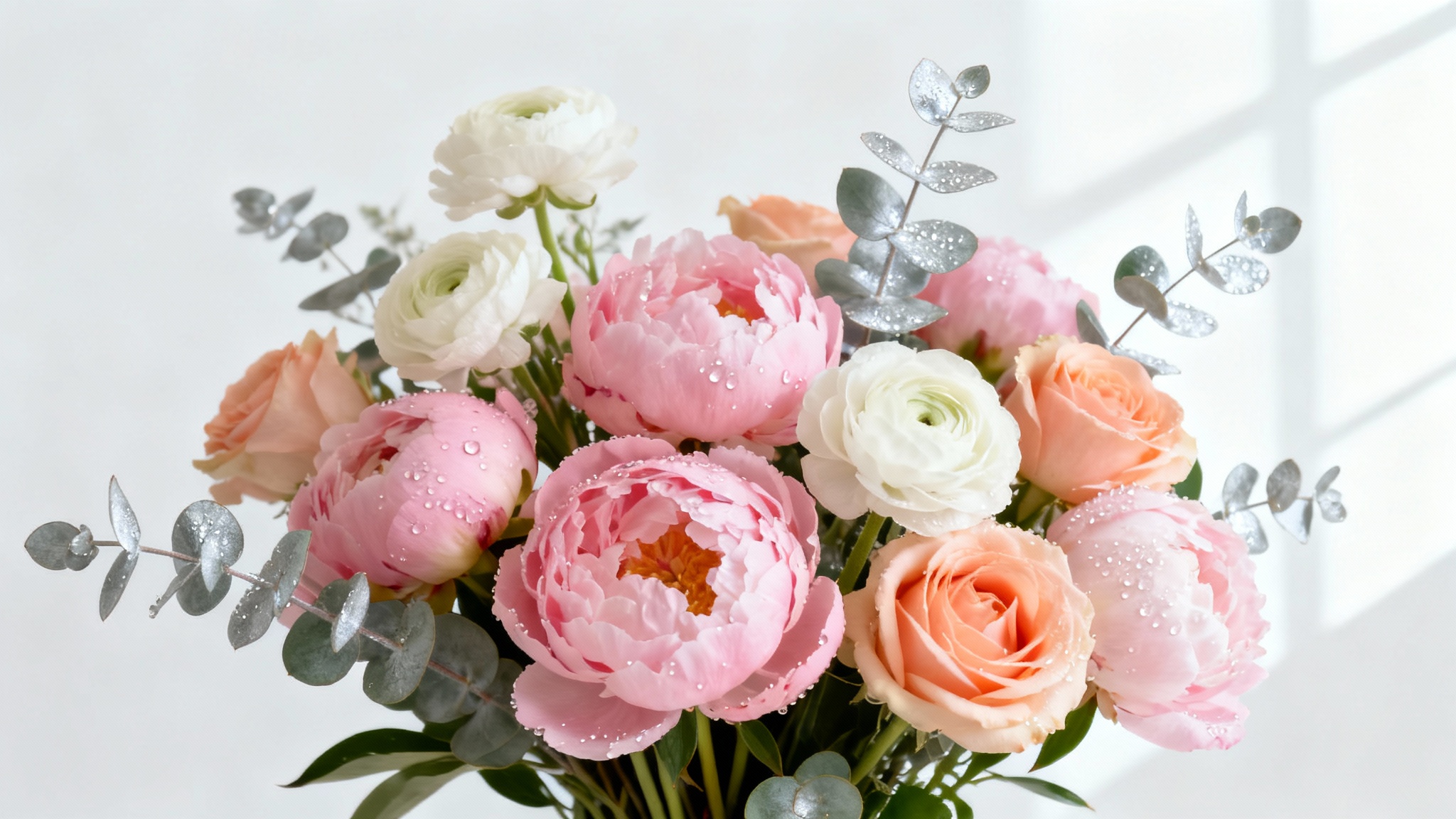 A stunning, photorealistic bouquet of pink, white, and peach flowers mixed with eucalyptus leaves, professionally shot against a clean white background.