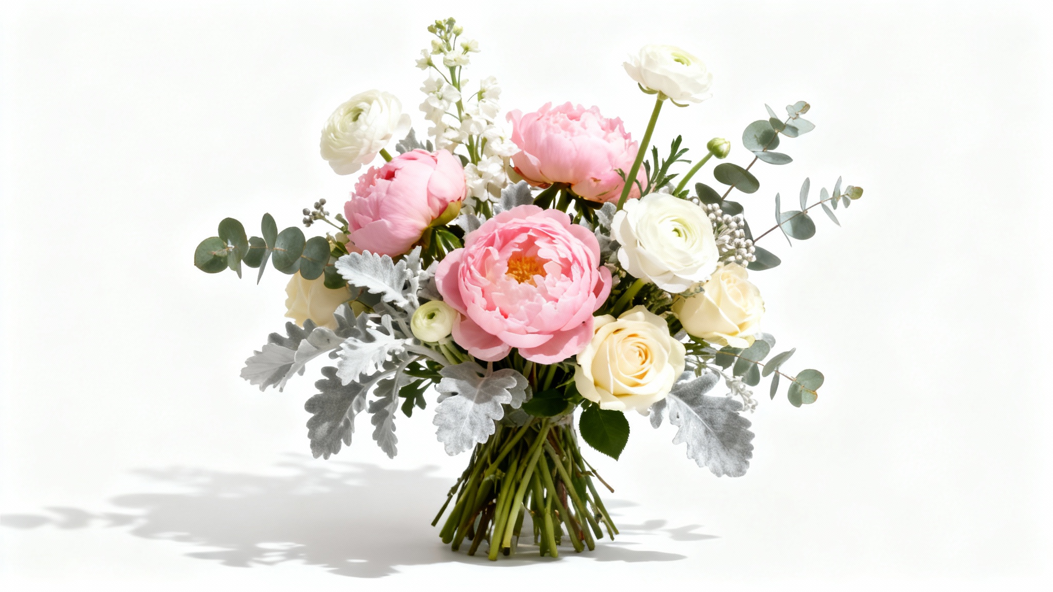 A beautiful, professionally arranged flower bouquet with pink, white, and cream flowers against a stark white background.