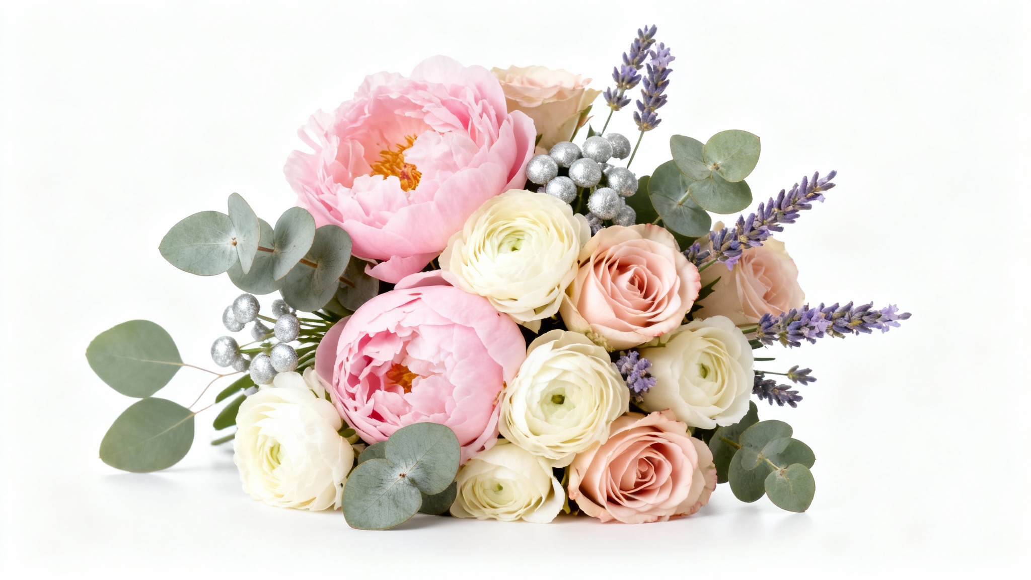 A beautiful, professionally photographed flower bouquet with pink peonies, white ranunculus, and roses against a solid white background.