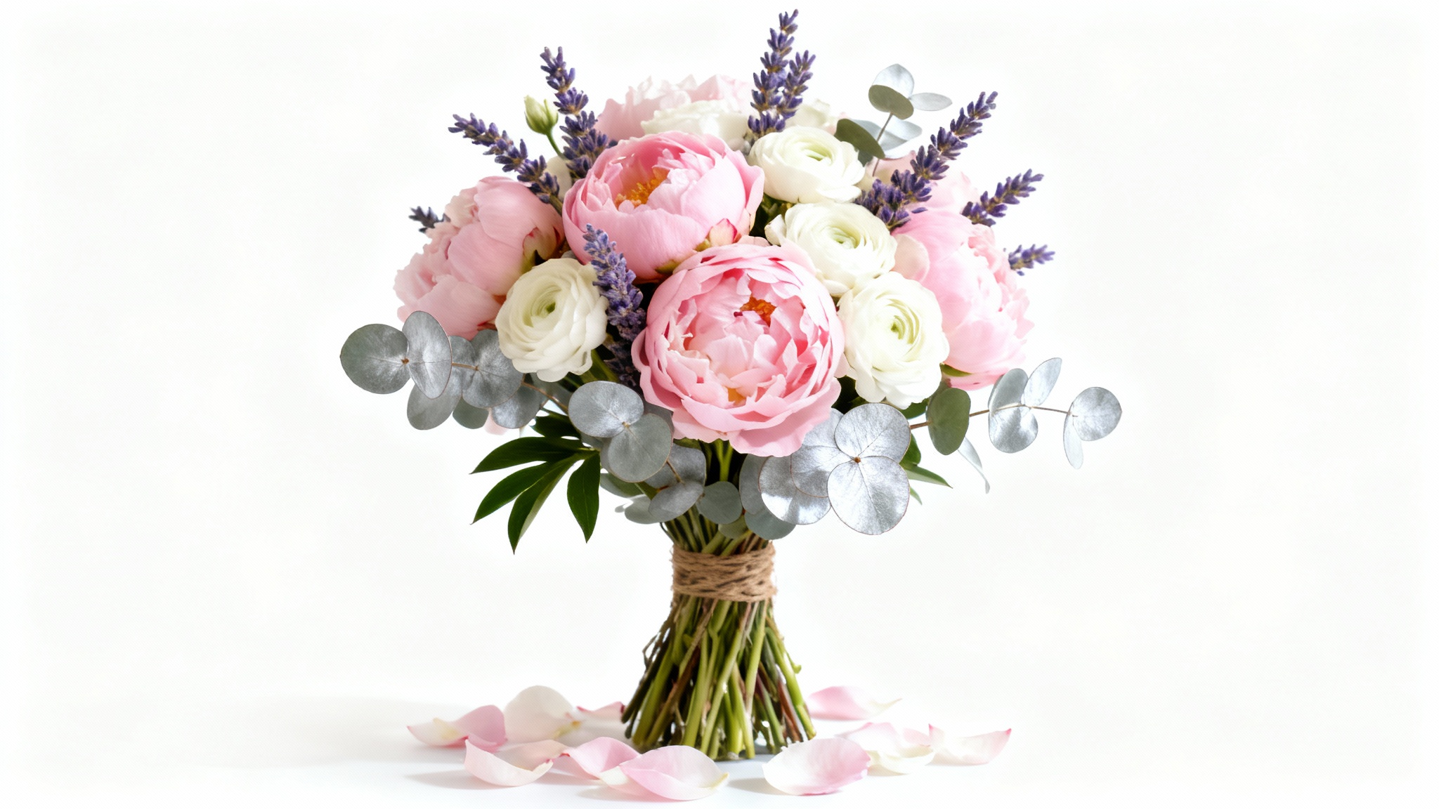 An elegant and fresh flower bouquet with pink peonies and white ranunculus, professionally photographed against a plain white background.