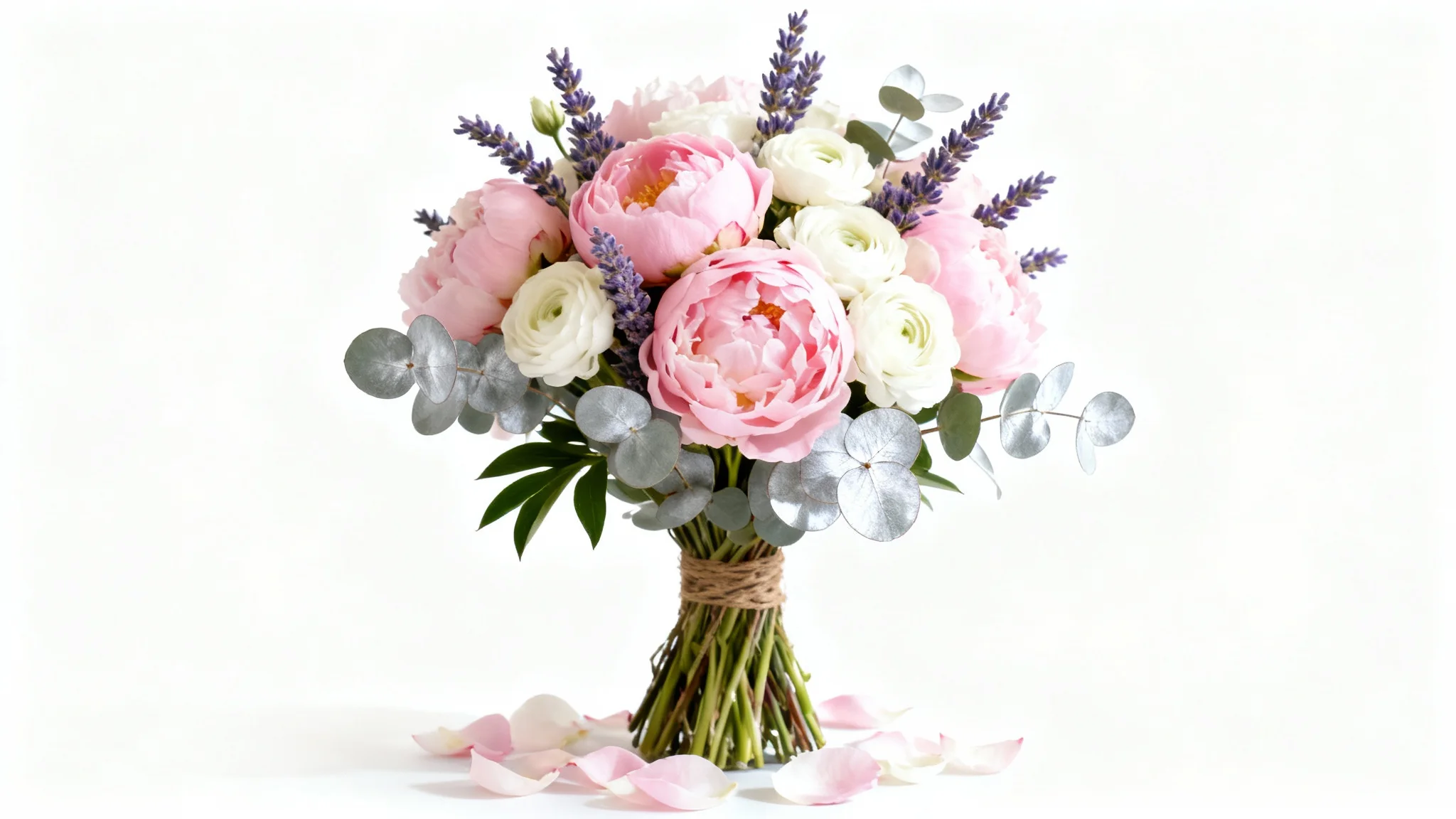 An elegant and fresh flower bouquet with pink peonies and white ranunculus, professionally photographed against a plain white background.