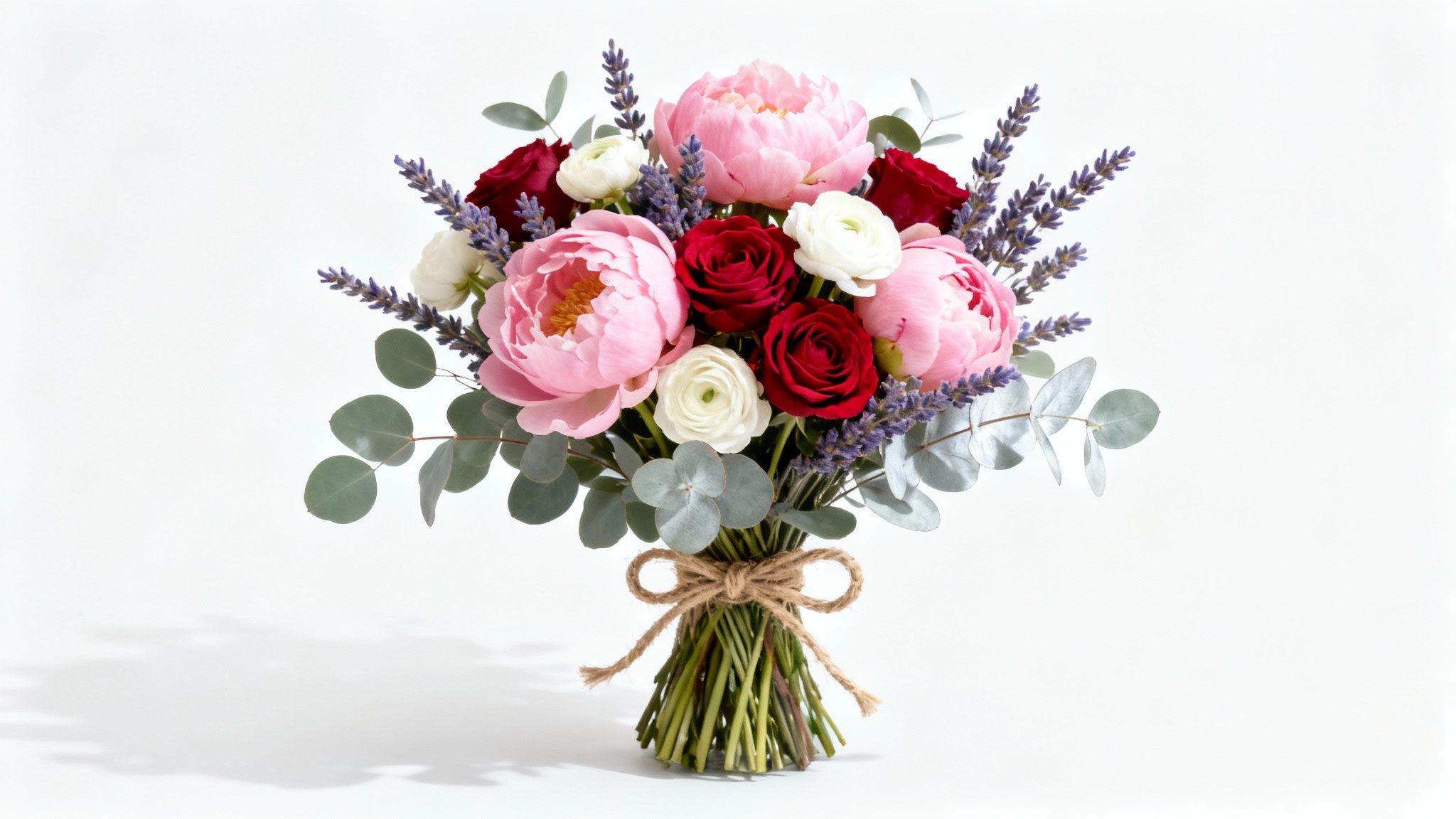 A vibrant, professionally photographed flower bouquet featuring pink peonies, red roses, and white ranunculus with green eucalyptus leaves, set against a plain white background.