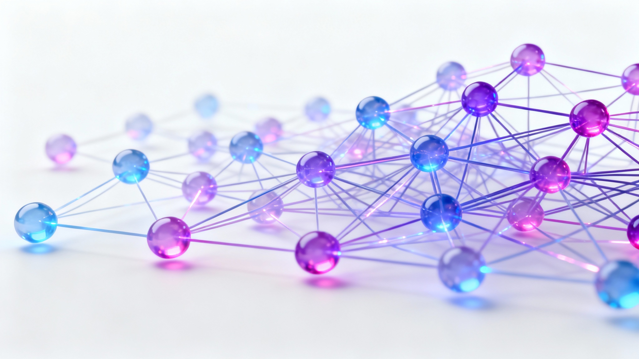 A 3D visualization of a complex neural network, featuring glowing purple and blue nodes connected by lines of light, set against a clean white background.