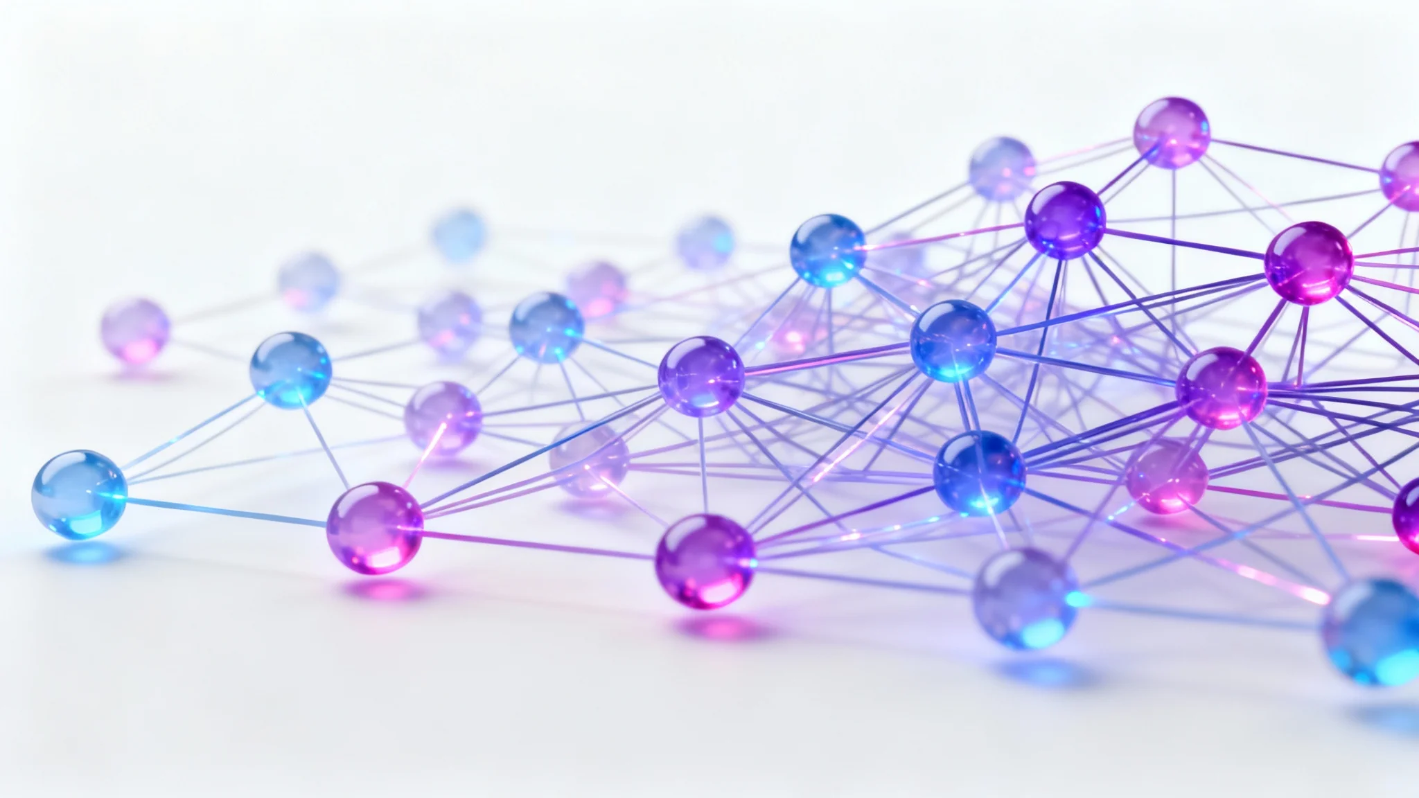 A 3D visualization of a complex neural network, featuring glowing purple and blue nodes connected by lines of light, set against a clean white background.