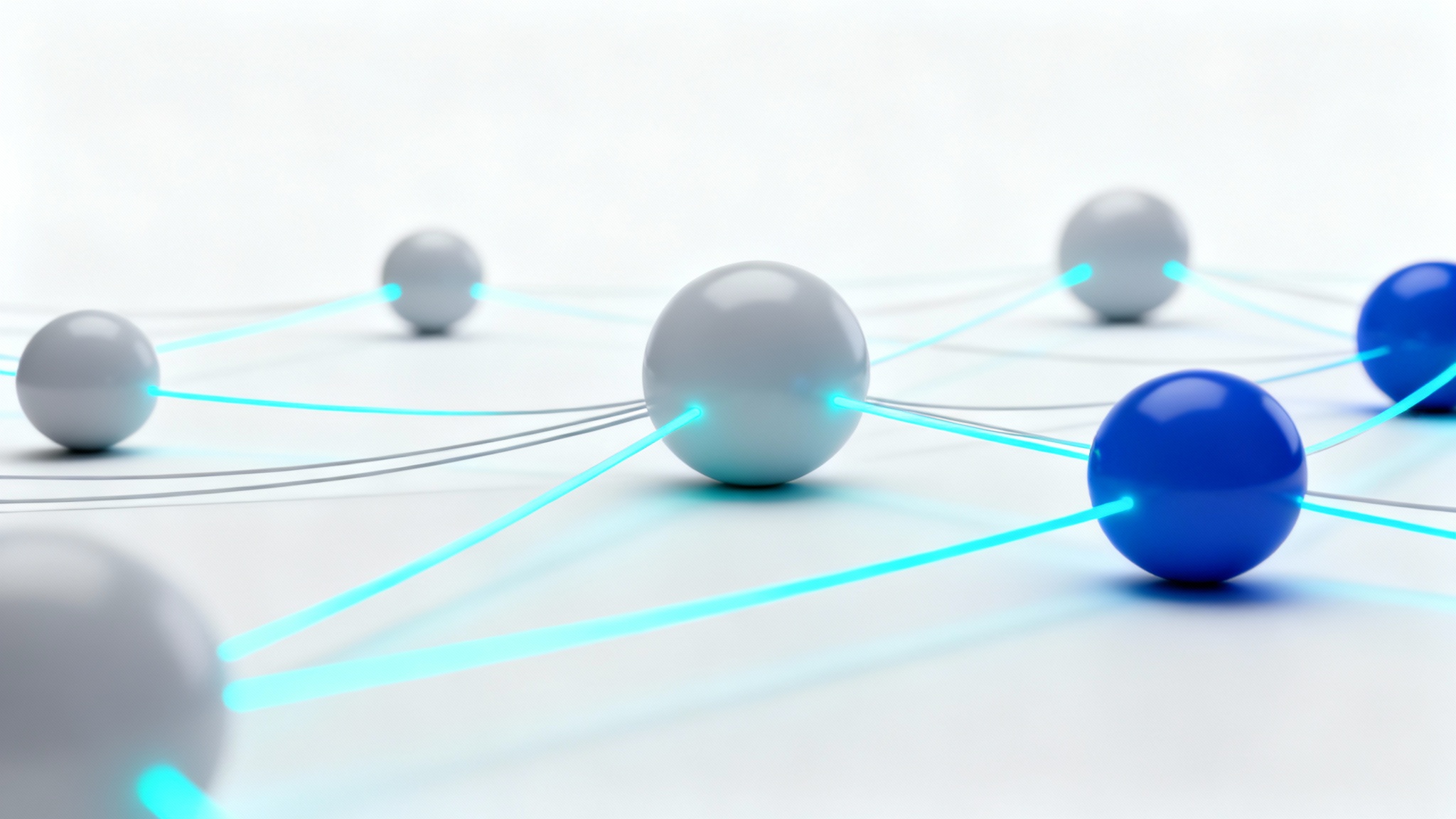 A clean, abstract 3D rendering of a neural network with gray and blue nodes connected by glowing cyan lines, all on a plain white background.