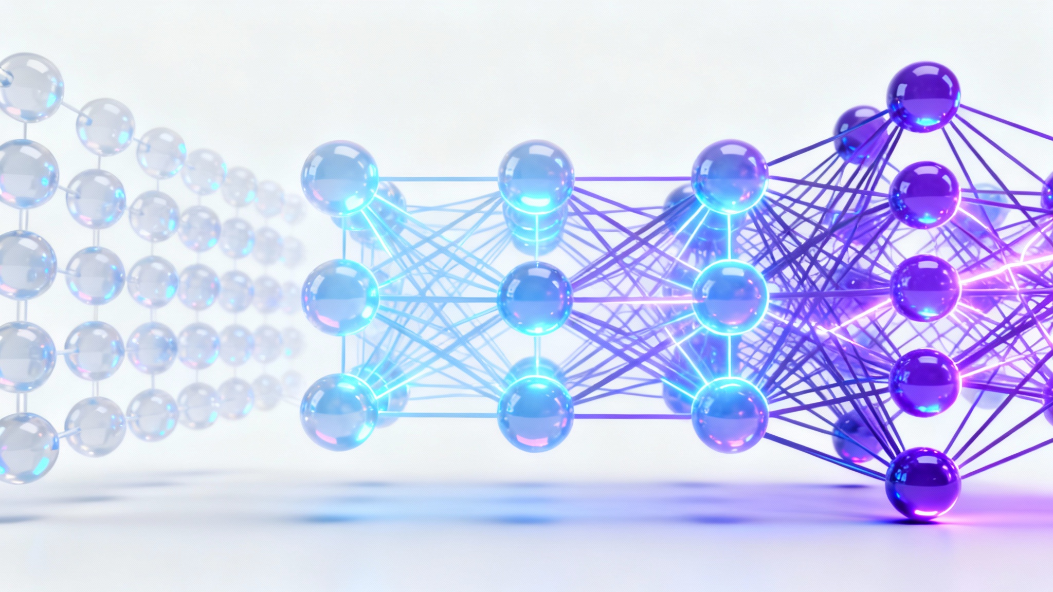 A 3D digital illustration of a neural network, featuring layers of glowing blue and purple spherical nodes connected by luminous lines, all set against a clean white background.