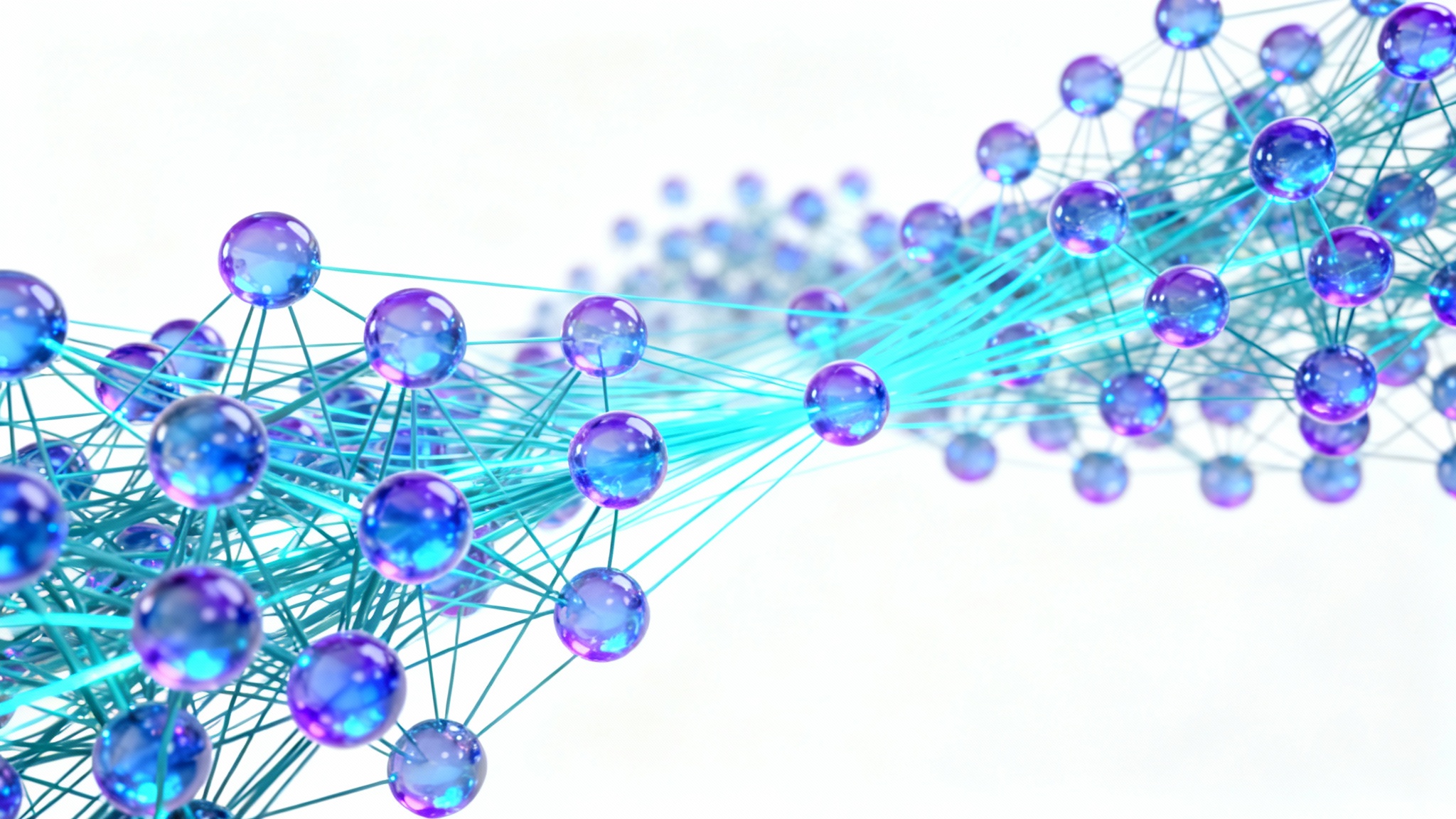 A futuristic 3D diagram of a neural network with glowing blue and purple nodes connected by lines of light, on a clean white background.