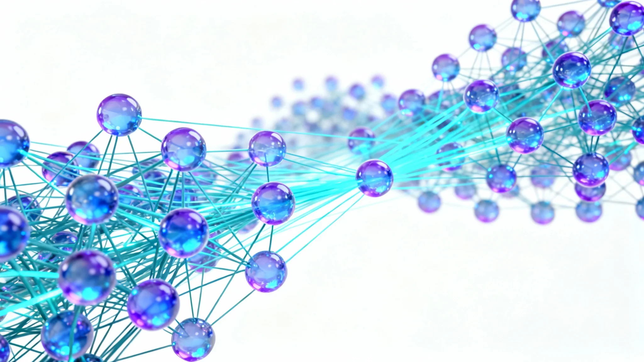 A futuristic 3D diagram of a neural network with glowing blue and purple nodes connected by lines of light, on a clean white background.