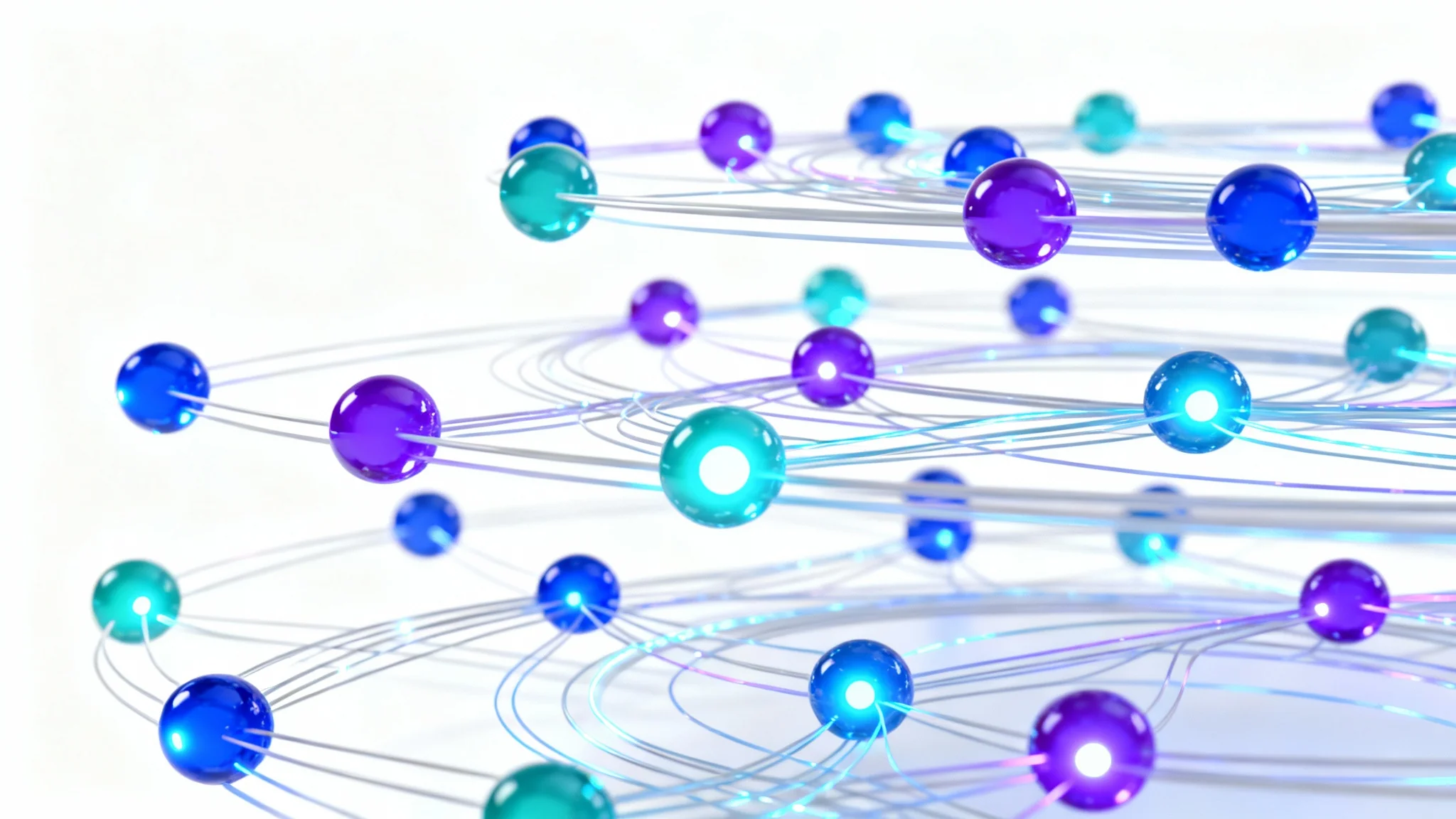 A modern, abstract diagram of a neural network with glowing blue and purple nodes and interconnected lines on a clean white background, symbolizing artificial intelligence and data processing.