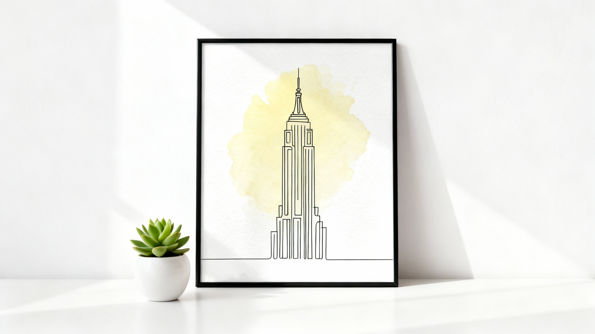 A framed minimalist line art illustration of the Empire State Building leaning against a white wall, with a subtle yellow watercolor accent and a small plant nearby, representing a finished design project.