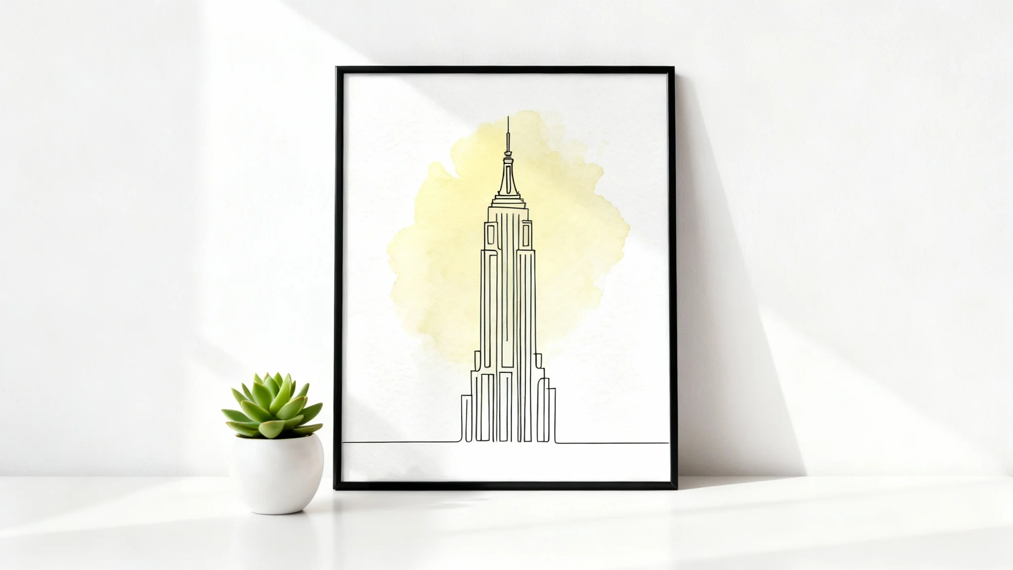 A framed minimalist line art illustration of the Empire State Building leaning against a white wall, with a subtle yellow watercolor accent and a small plant nearby, representing a finished design project.