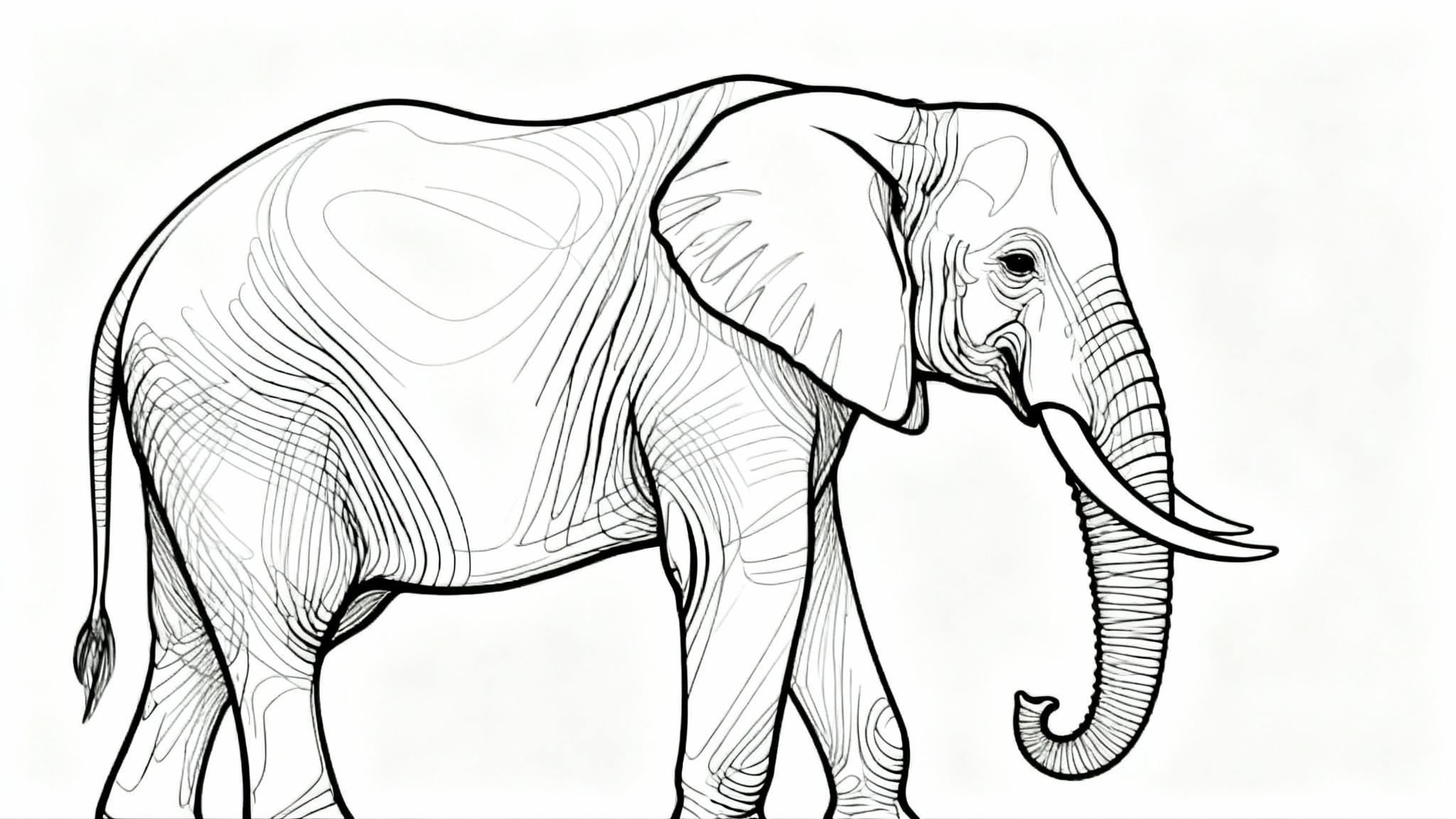 An elegant, minimalist single-line art drawing of an elephant in black ink, centered on a clean white background.