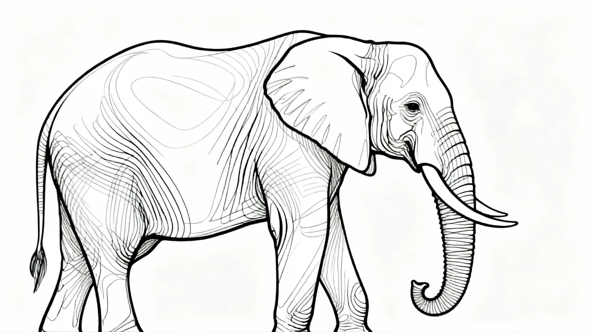 An elegant, minimalist single-line art drawing of an elephant in black ink, centered on a clean white background.