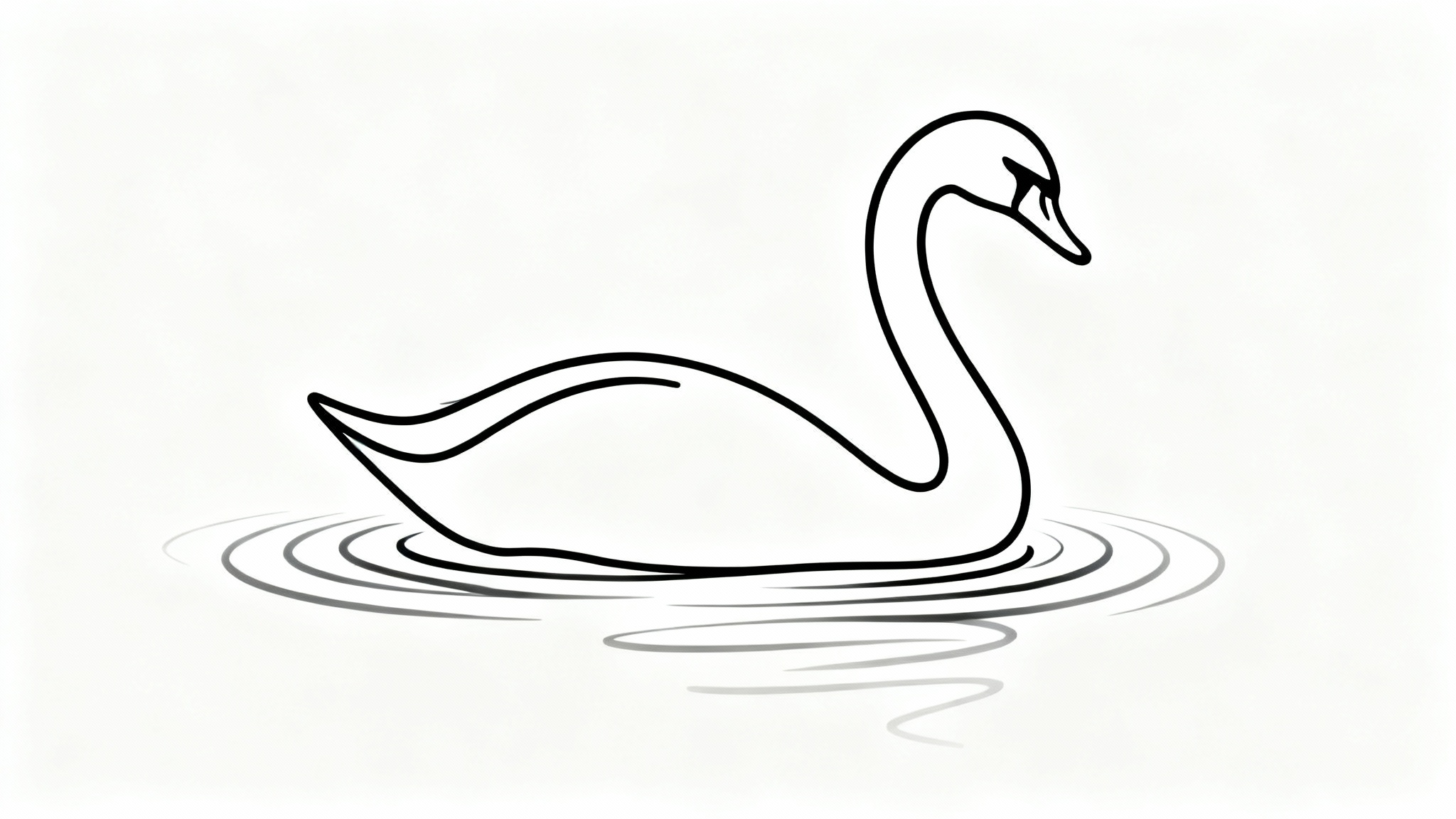A minimalist black continuous line art drawing of a swan on a solid white background. The swan is created from a single, flowing line.
