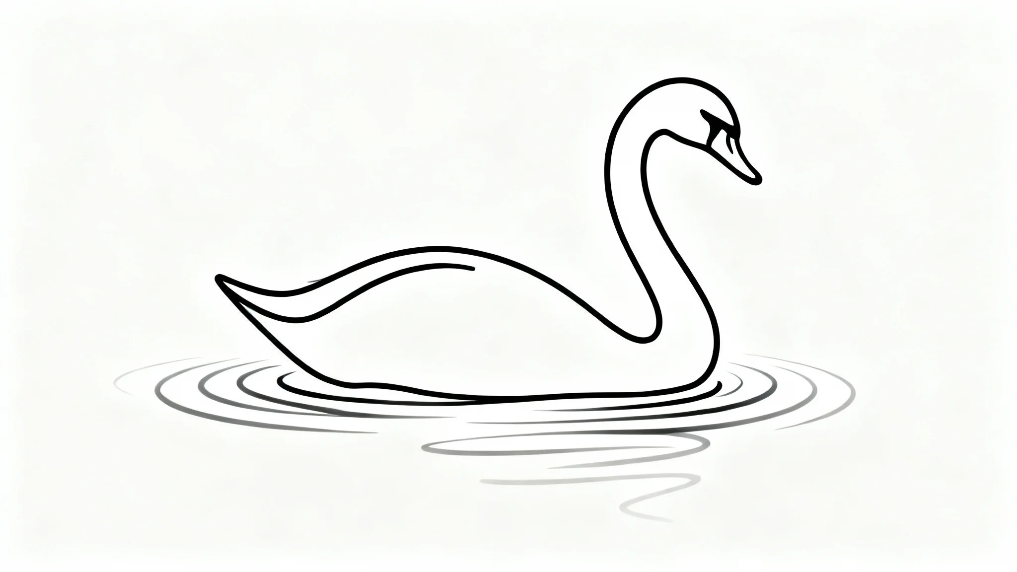 A minimalist black continuous line art drawing of a swan on a solid white background. The swan is created from a single, flowing line.