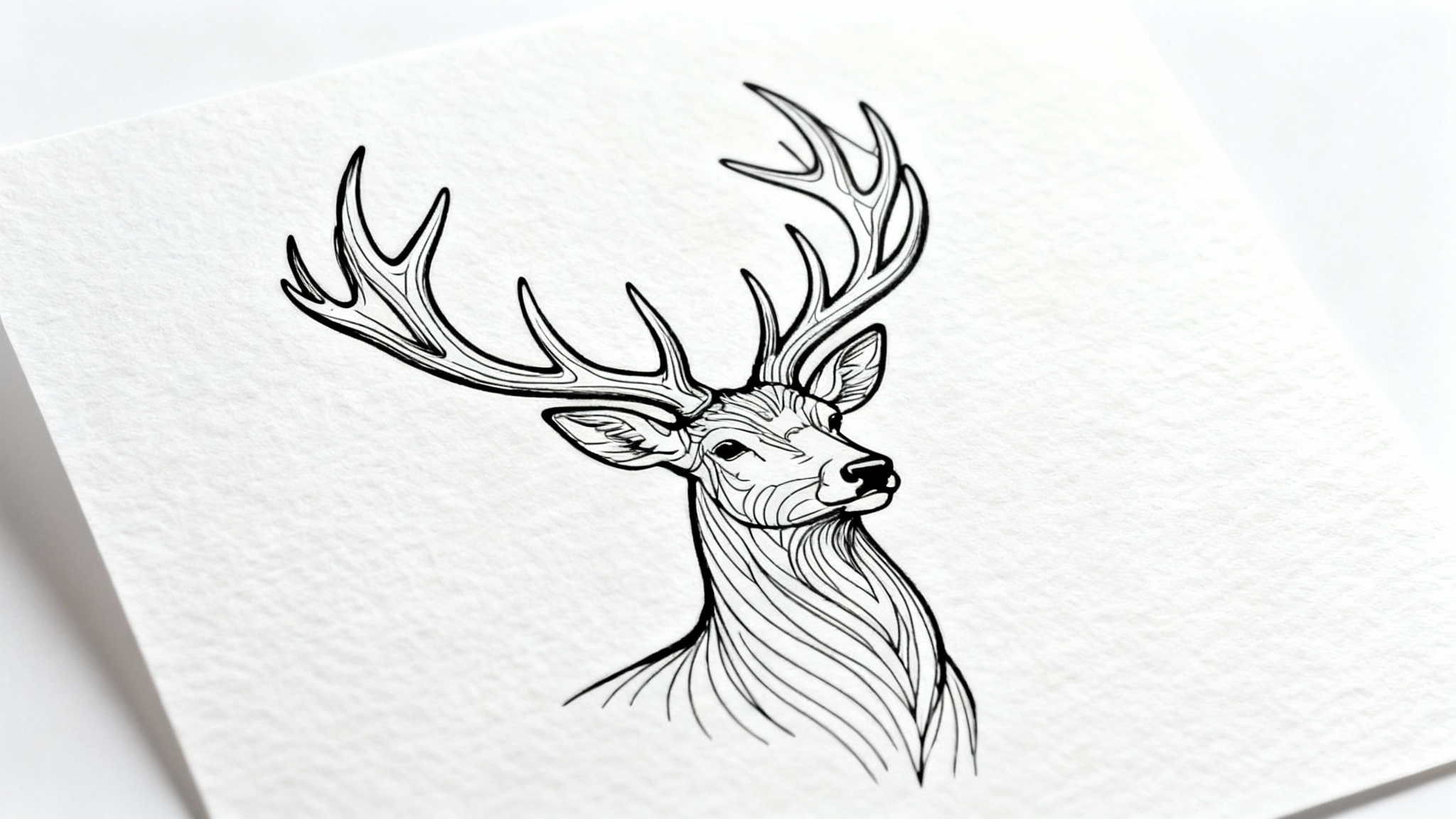 A photorealistic mockup of a beautiful line art drawing of a stag on a piece of textured paper, set against a clean white background.
