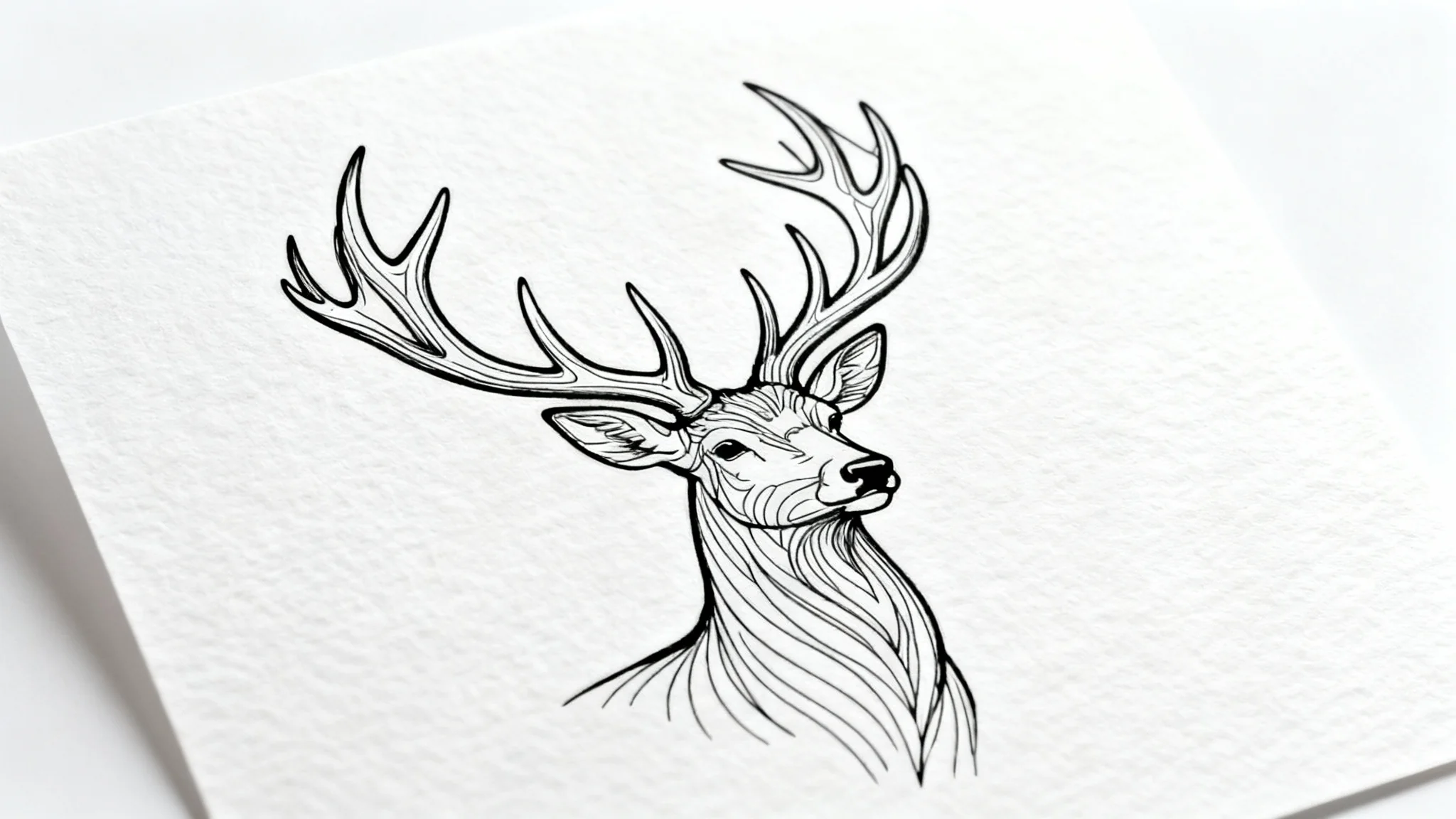 A photorealistic mockup of a beautiful line art drawing of a stag on a piece of textured paper, set against a clean white background.