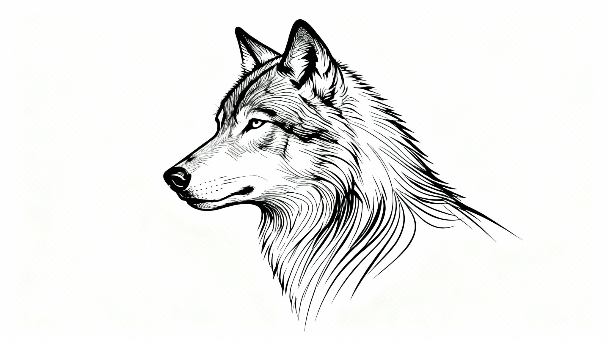 A minimalist black line art illustration of a wolf's head in profile, set against a solid white background.
