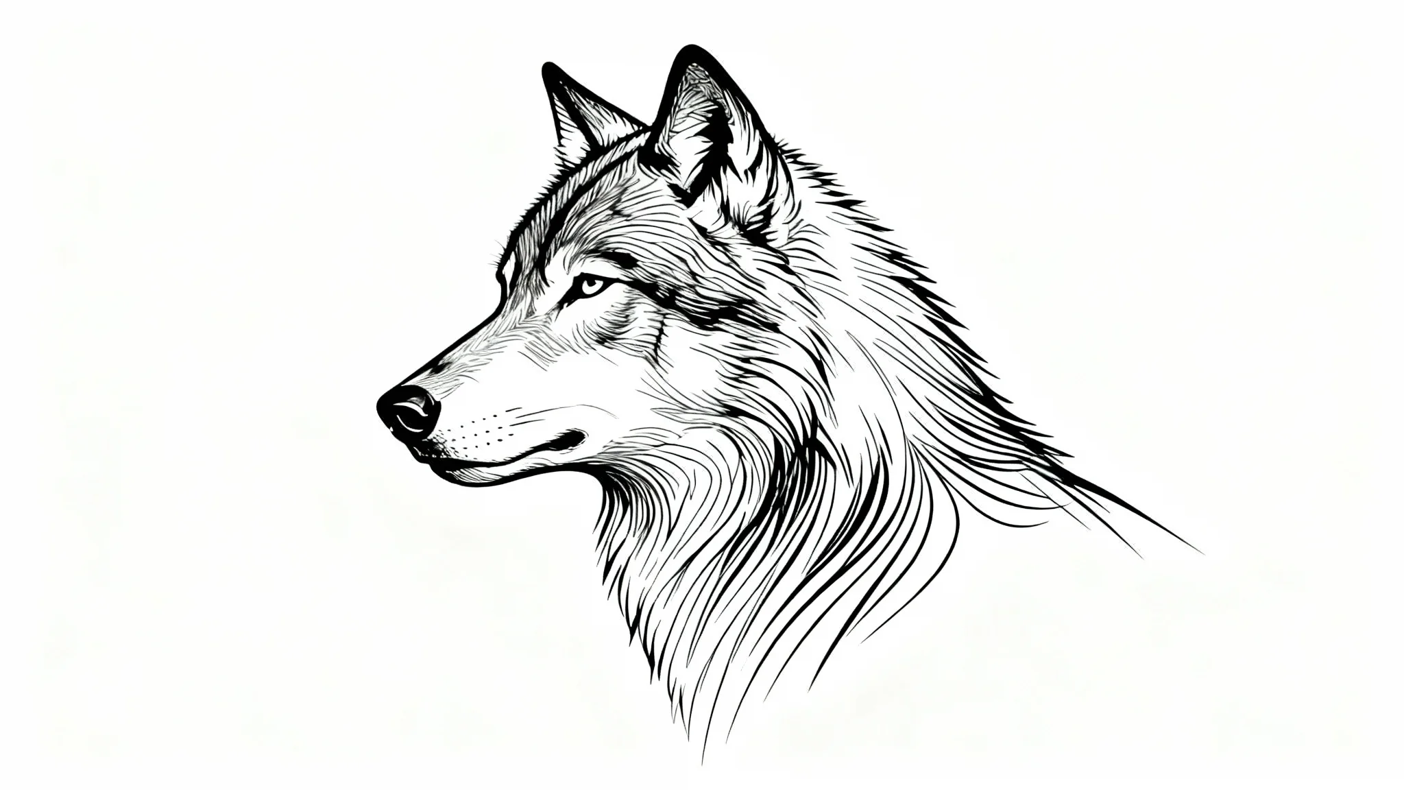 A minimalist black line art illustration of a wolf's head in profile, set against a solid white background.