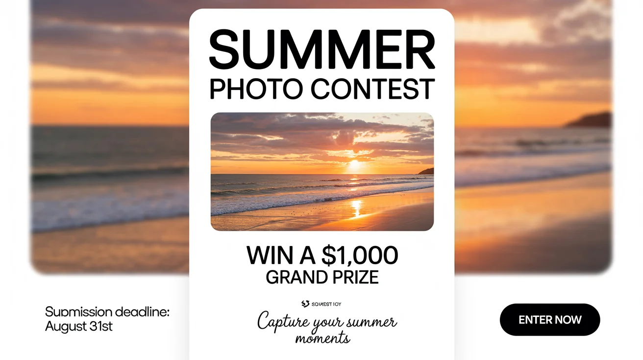 A professionally designed flyer for a 'Summer Photo Contest', showing the final, polished output with a headline, prize information, and a call to action.