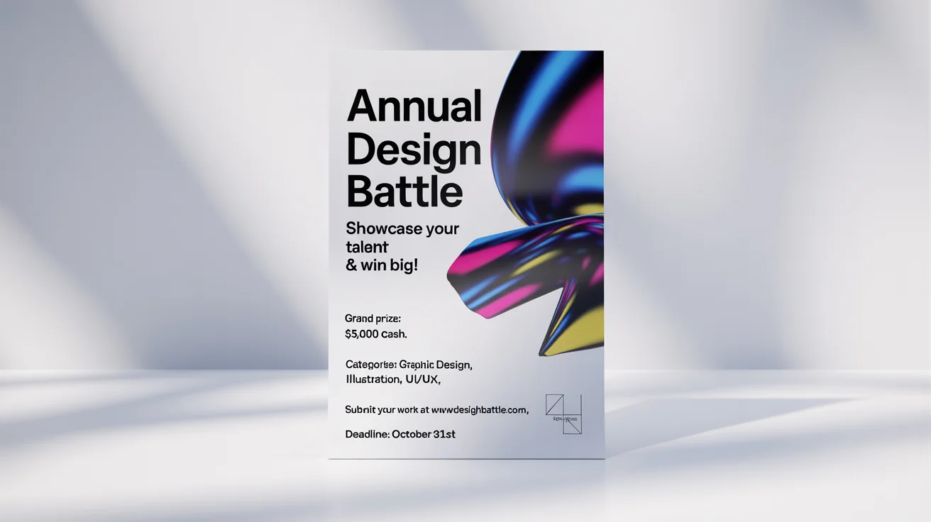 A professionally designed contest flyer mockup for a 'Design Battle' on a white background. The flyer uses bright geometric shapes and bold text advertising a $5,000 grand prize.