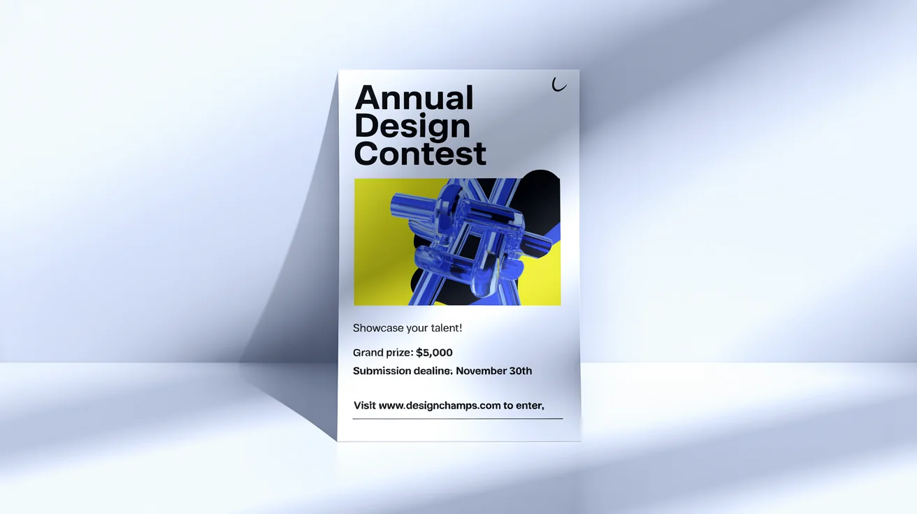 A professional mockup of a flyer for an 'Annual Design Contest', featuring bold blue and yellow graphics and legible text, set against a plain white background.