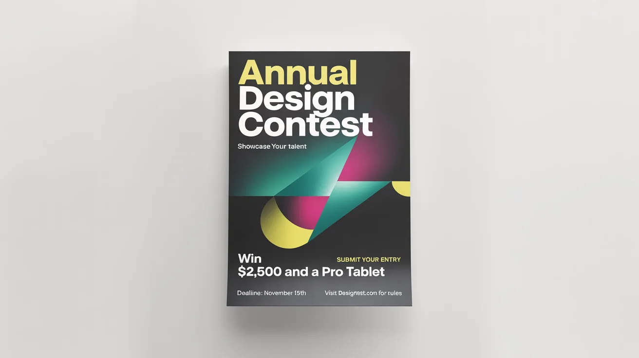 A mockup of a modern flyer for a design contest, set against a white background. The flyer has a dark design with yellow text announcing the 'ANNUAL DESIGN CONTEST' and a prize of '$2,500 AND A PRO TABLET'.