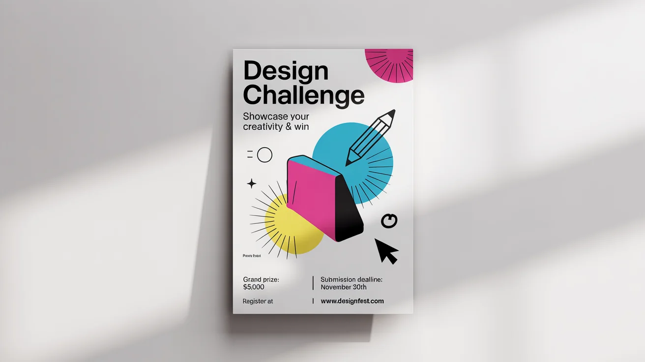 A vibrant and modern contest flyer mockup for a 'DESIGN CHALLENGE', featuring bold text, abstract shapes, and prize details, all set against a clean white background.