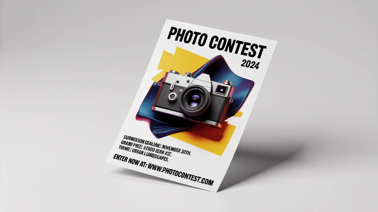 A modern and dynamic flyer for a 'Photo Contest 2024'. The design features a vintage camera, a navy blue and yellow color scheme, and includes details on the submission deadline and a $1,000 grand prize. The flyer mockup is shown on a plain white background.