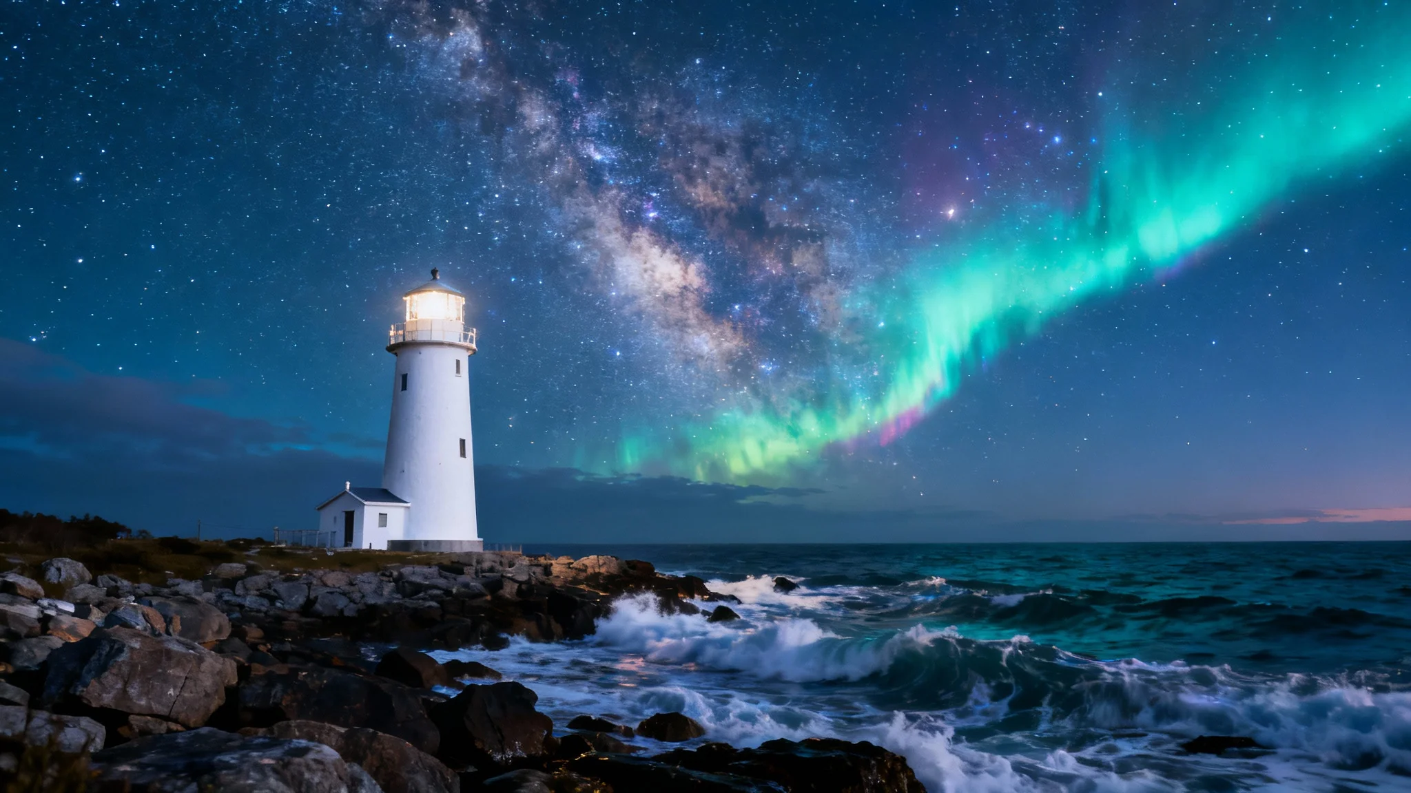 A dramatic photo of a lighthouse on a rocky coast, where the sky has been replaced with a stunning view of the Milky Way and aurora borealis, demonstrating a high-quality sky replacement result.