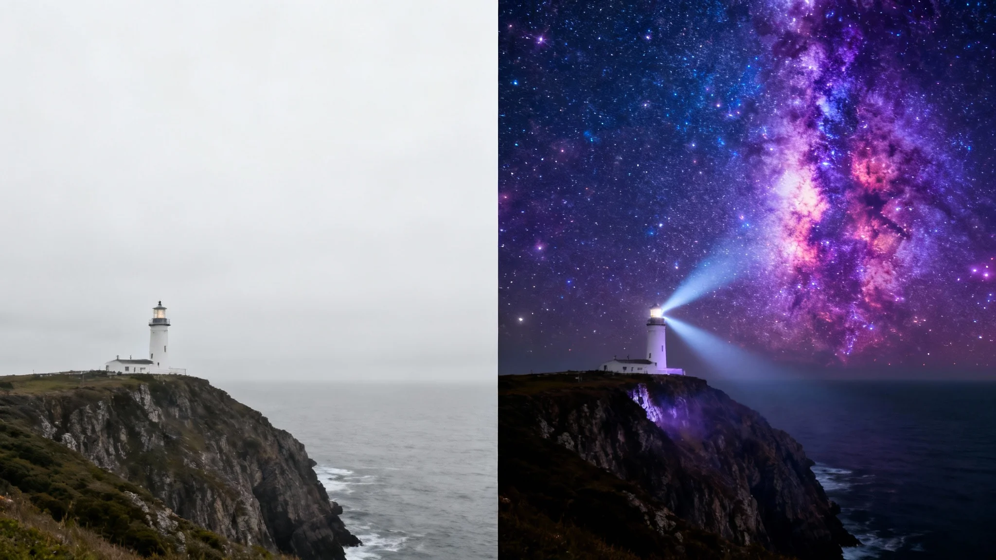 A side-by-side comparison image demonstrating sky replacement. The left image shows a lighthouse with a boring gray sky, and the right image shows the same lighthouse with a beautiful, star-filled nebula in the night sky.