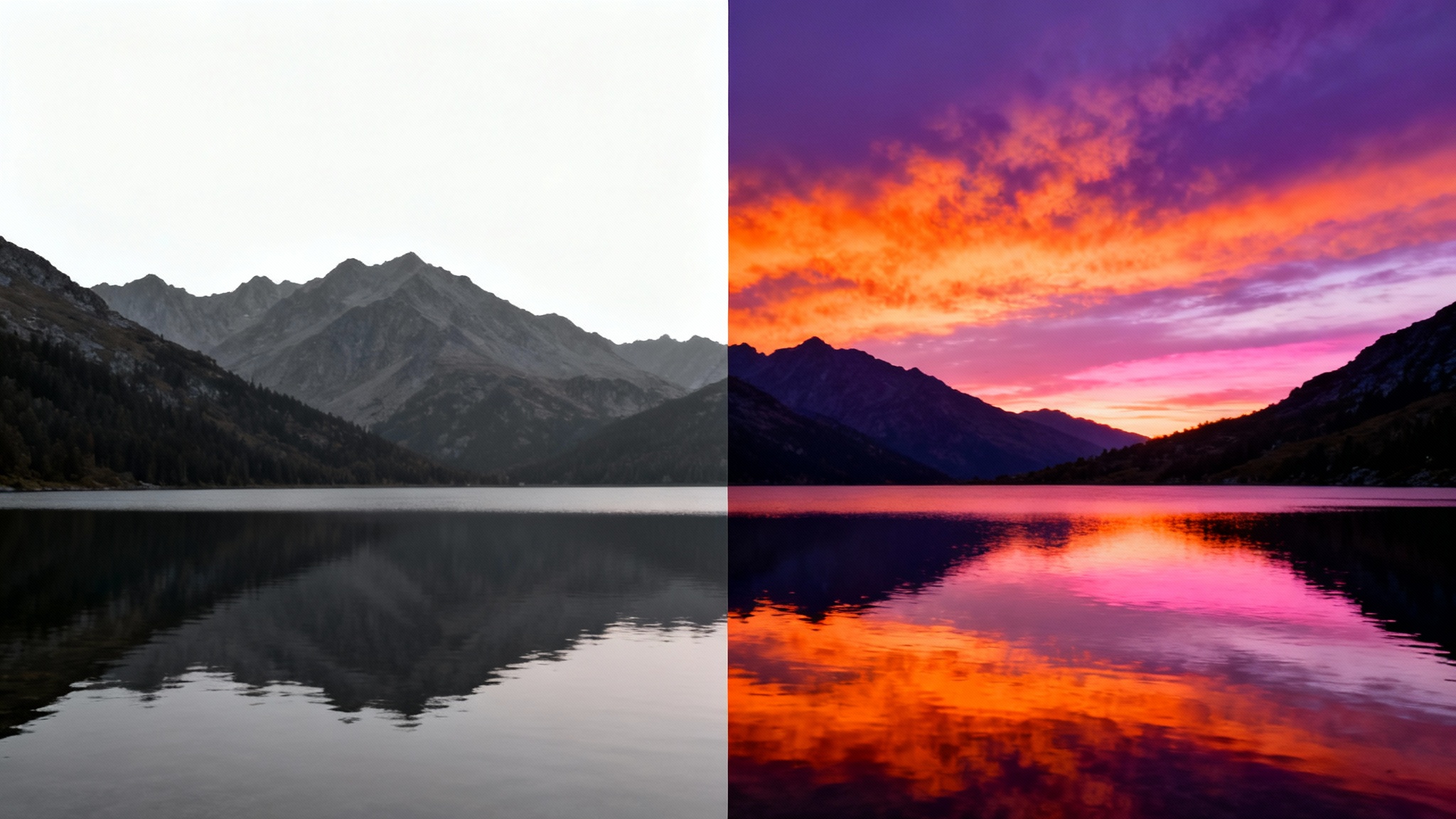 A before-and-after image demonstrating a sky replacement tool. The left half shows a mountain lake under a boring grey sky, and the right half shows the same scene with a beautiful, dramatic sunset reflected in the water.