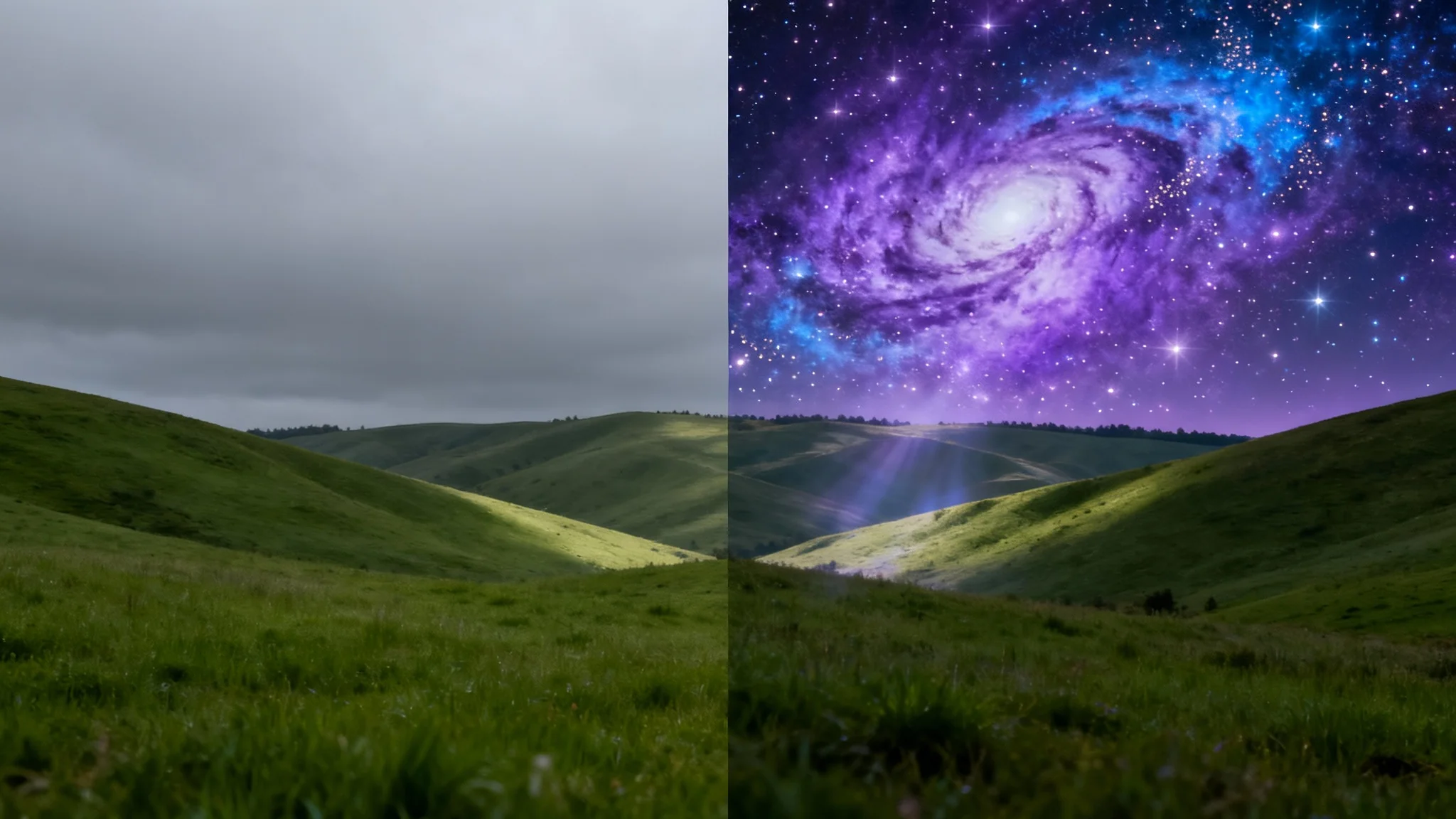 A split-screen photo demonstrating a sky replacement effect. The left half shows a landscape with a dull, grey sky, and the right half shows the identical landscape but with a vibrant, starry nebula in the sky.