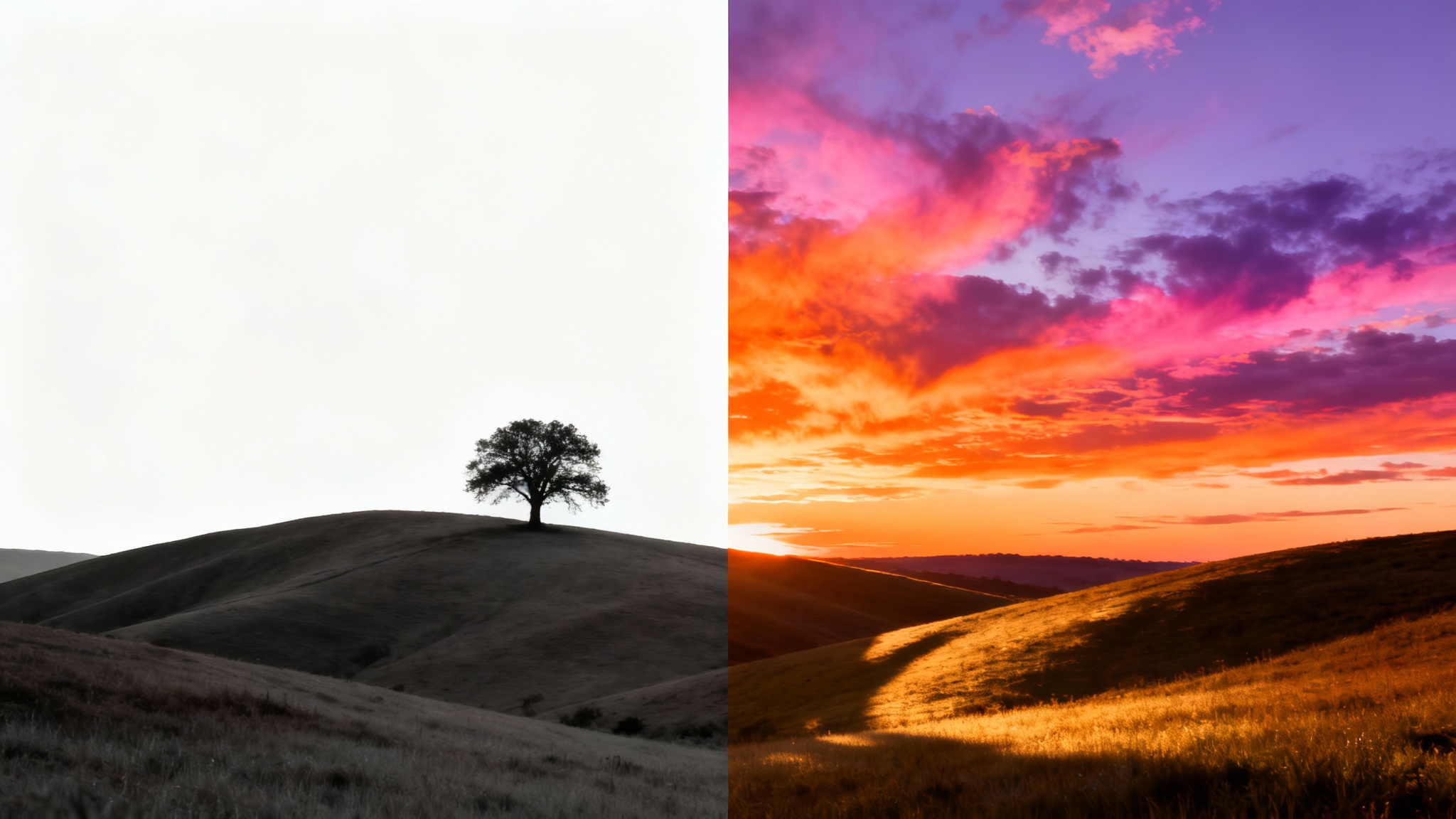 A split-screen comparison image showing a sky replacement. The left side shows a landscape with a dull, grey sky. The right side shows the identical landscape but with a dramatic, colorful sunset sky.