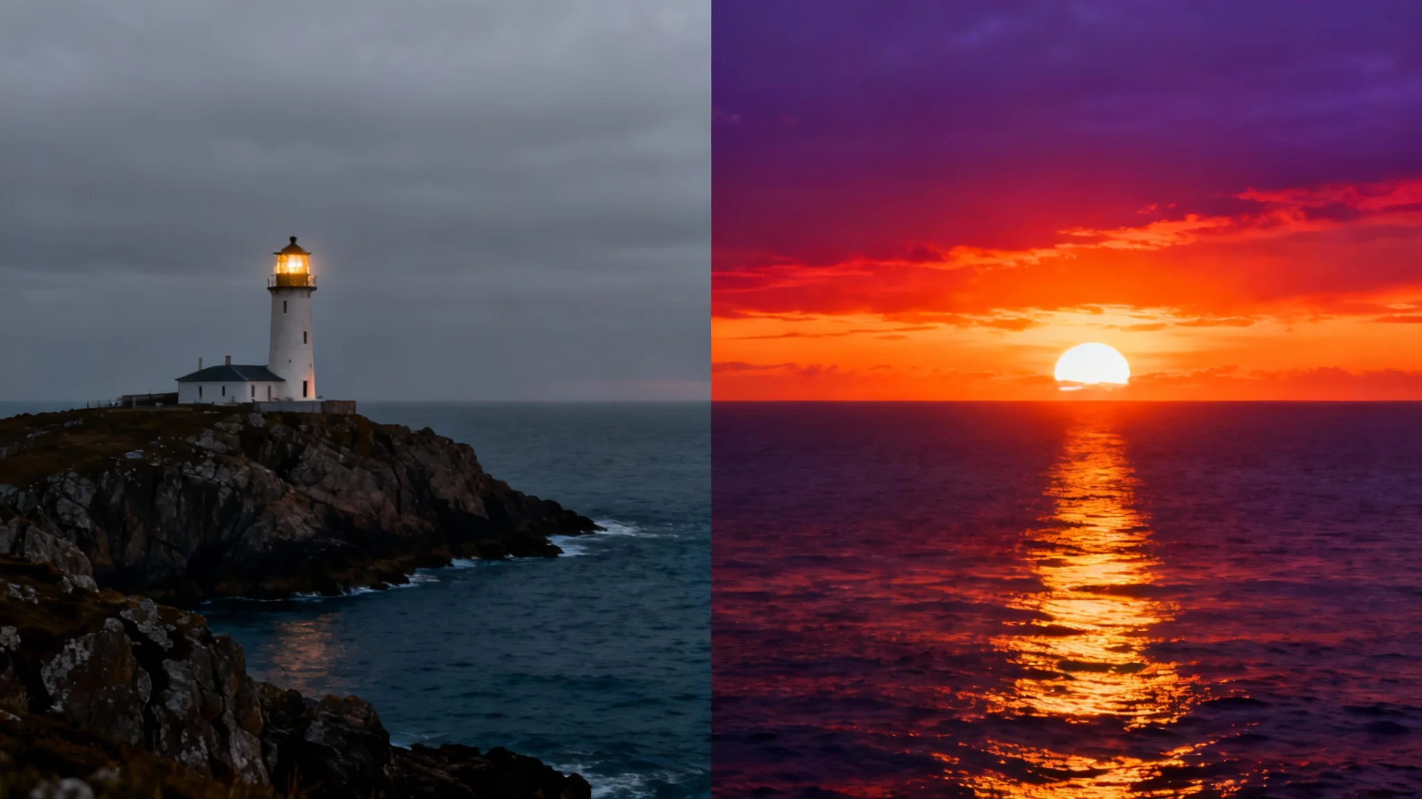 A split-screen image demonstrating a sky replacement. The left side shows a lighthouse with a gray, overcast sky, while the right side shows the same scene with a vibrant, dramatic sunset.