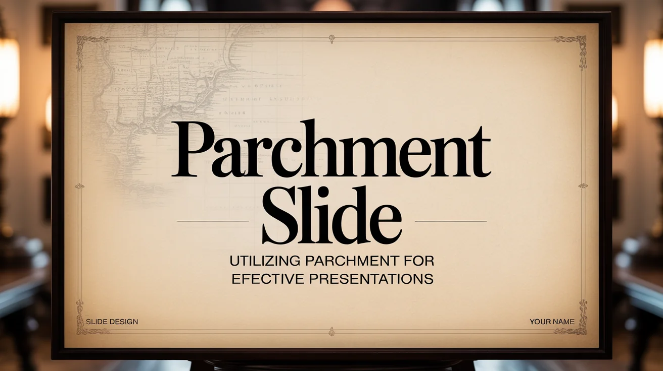A professionally designed presentation slide with an aged parchment paper background. The title 'PARCHMENT SLIDE' is in an elegant serif font at the top, with ornate borders framing the content.