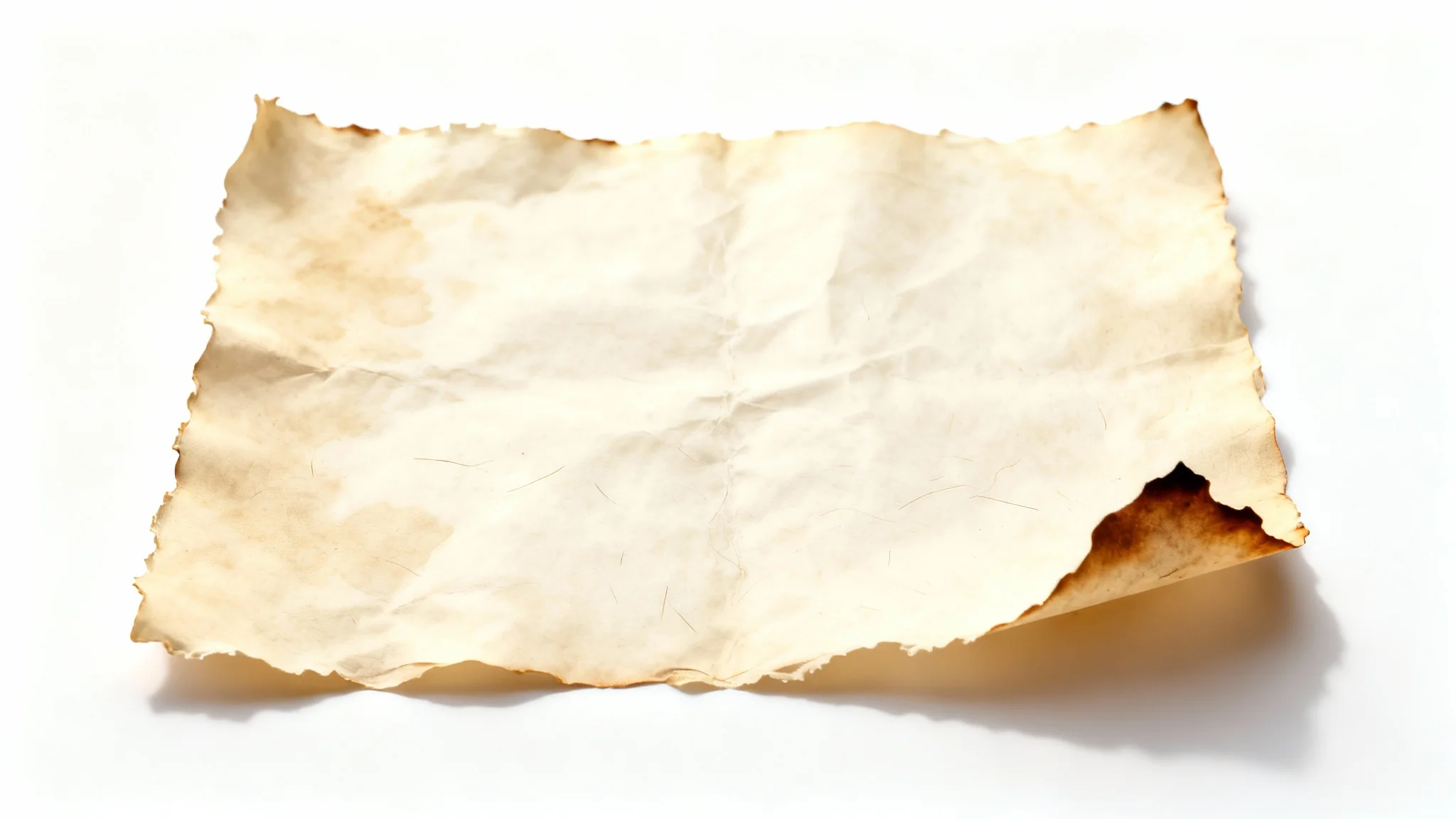 A mockup of a parchment slide background, featuring a single sheet of aged, yellowed paper with textured details and deckled edges on a clean white surface.