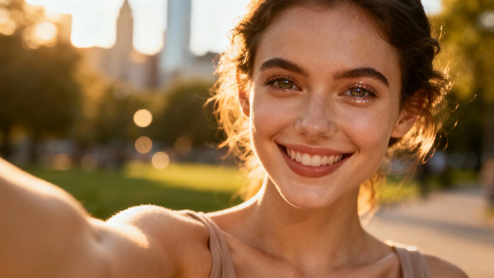 A stunning, professionally enhanced selfie of a young woman smiling, taken during golden hour with a beautifully blurred background.