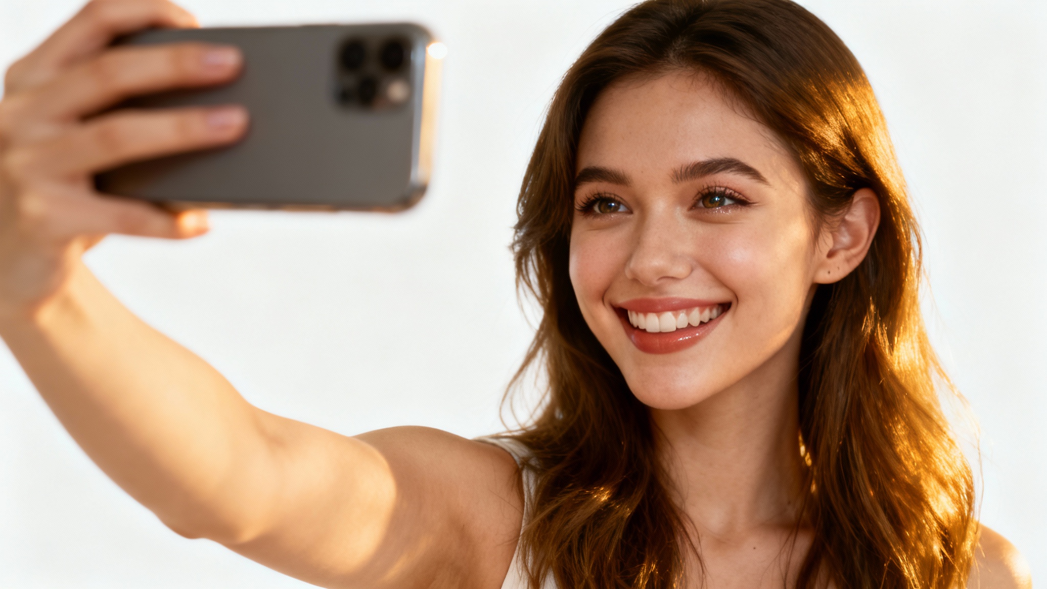 A photorealistic image of a happy young woman taking a selfie against a solid white background, smiling at her phone's camera.