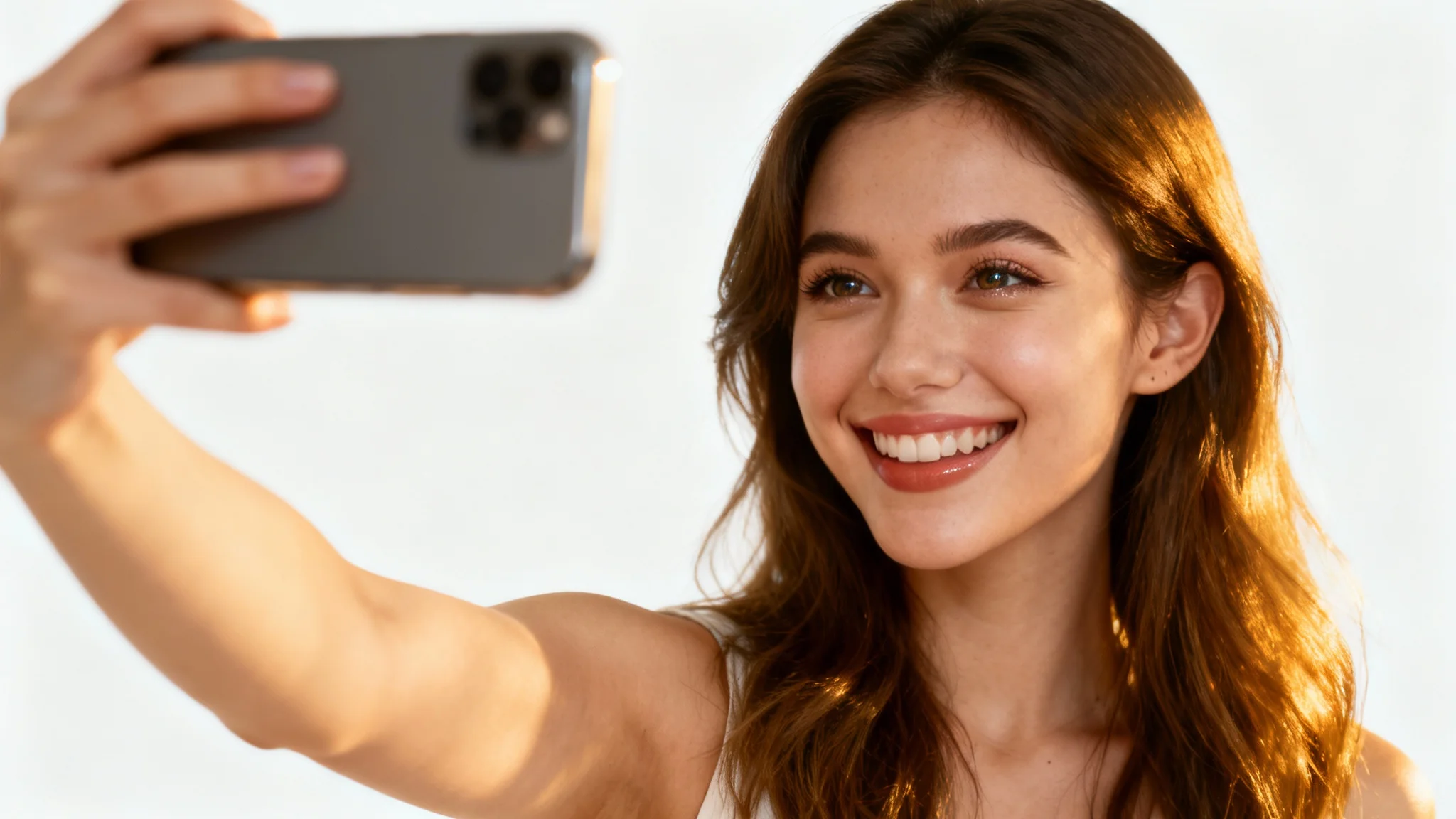 A photorealistic image of a happy young woman taking a selfie against a solid white background, smiling at her phone's camera.