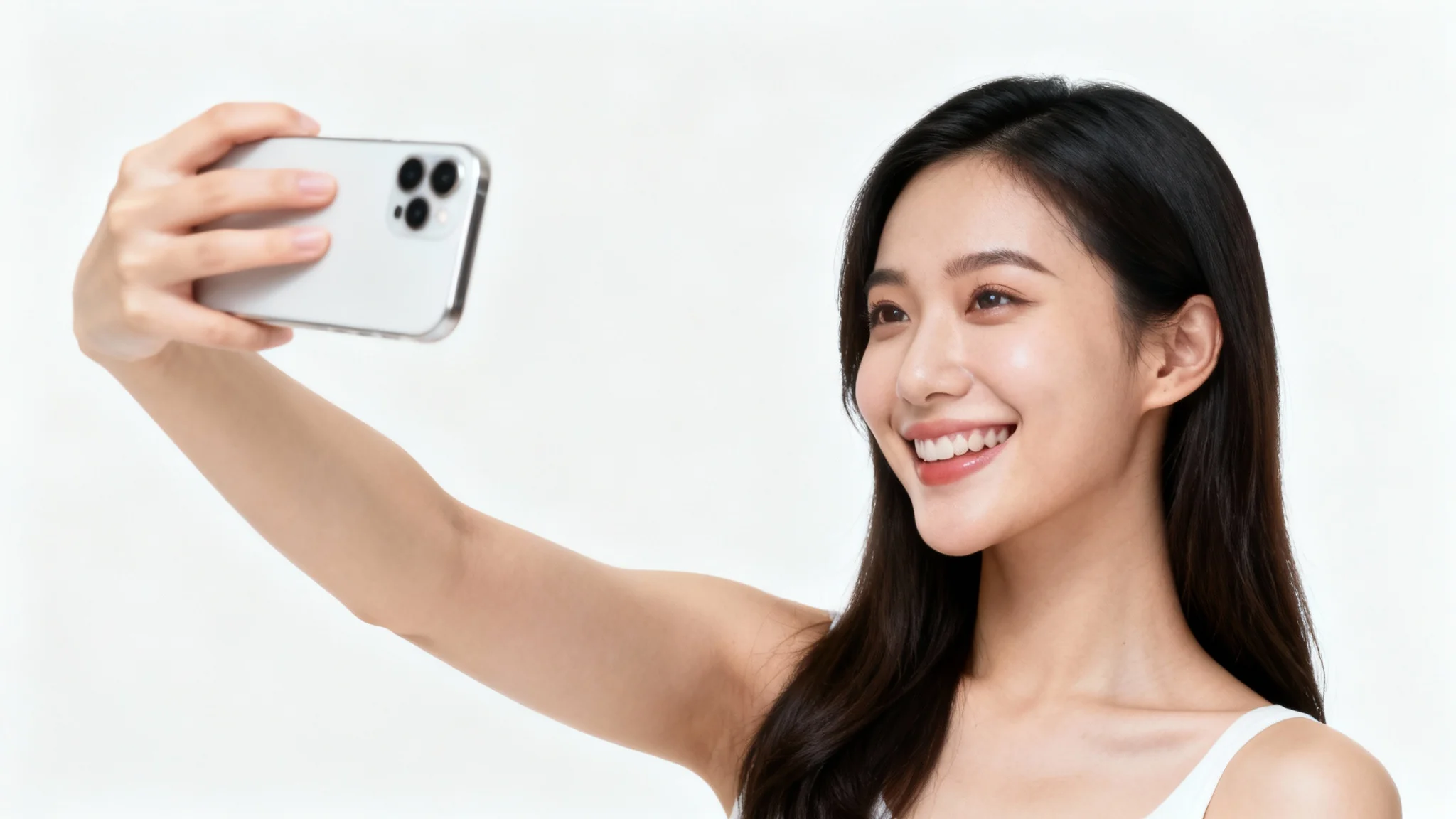 A close-up of a joyful woman taking a selfie with her smartphone against a plain white background.