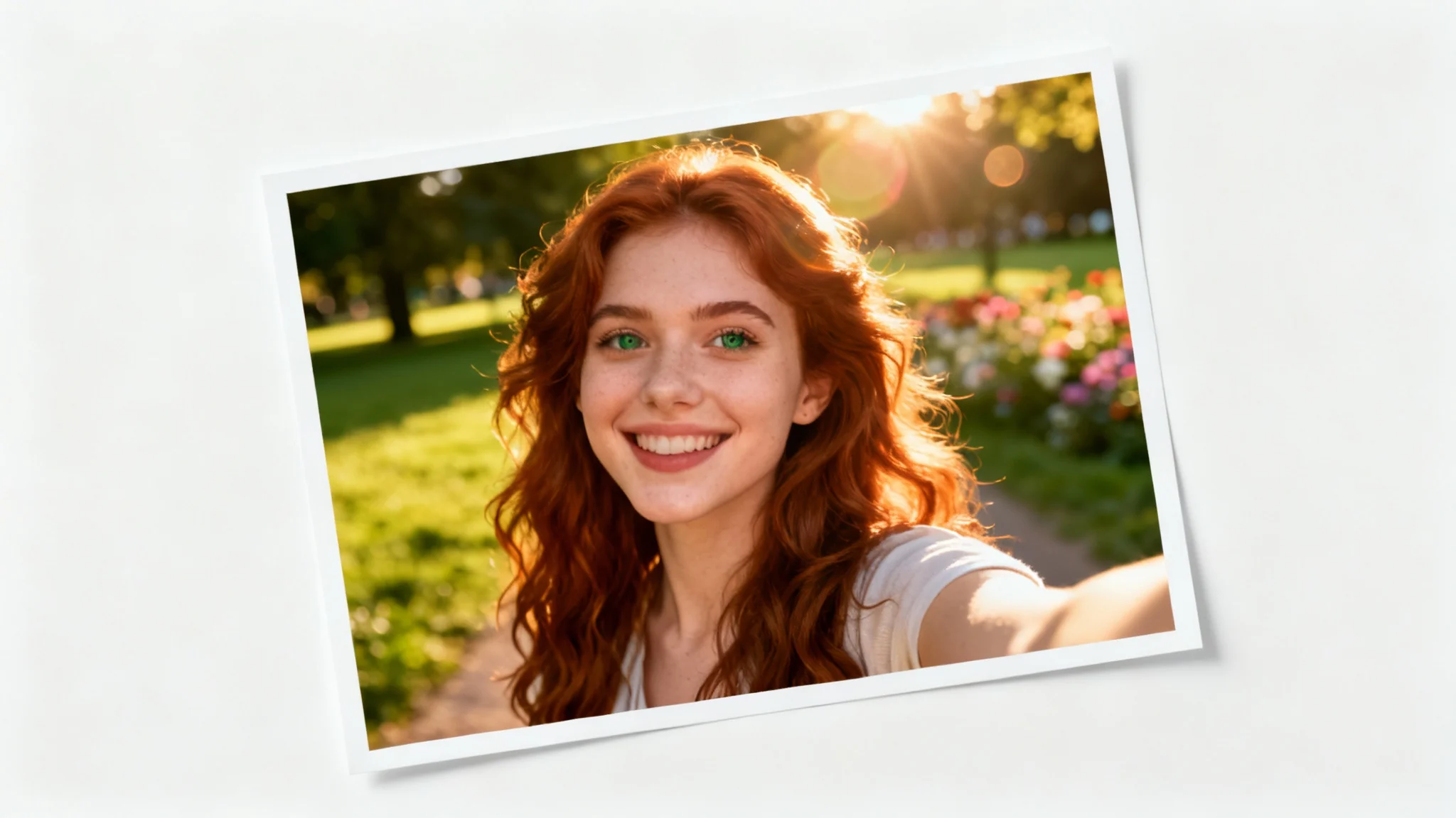 A vibrant selfie of a smiling young woman with wavy hair, taken during golden hour with a soft-focus background, displayed as a photo print on a clean white surface.