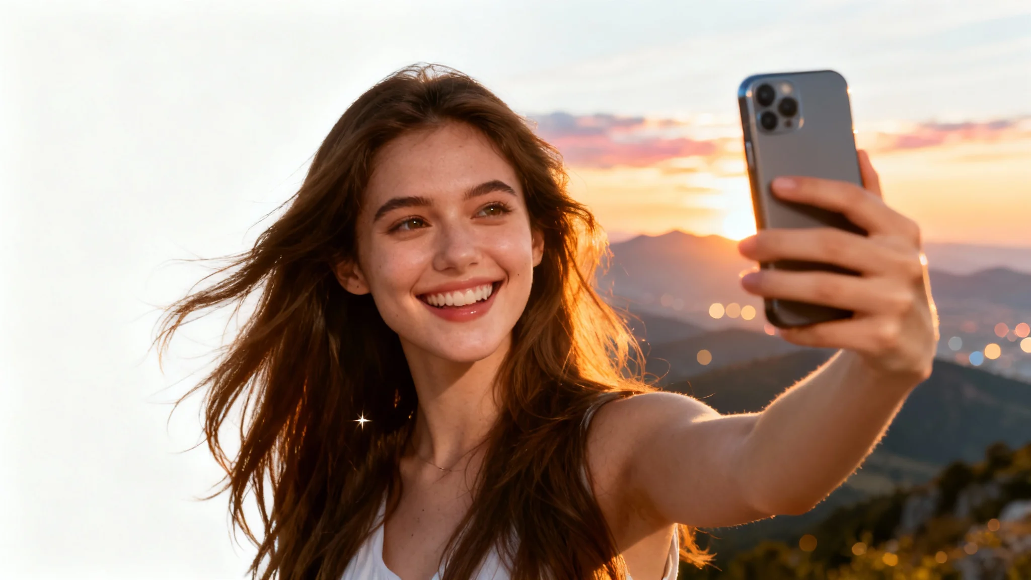 A smiling young woman with long brown hair takes a selfie with her smartphone, with a beautiful, blurry mountain landscape behind her at sunset.