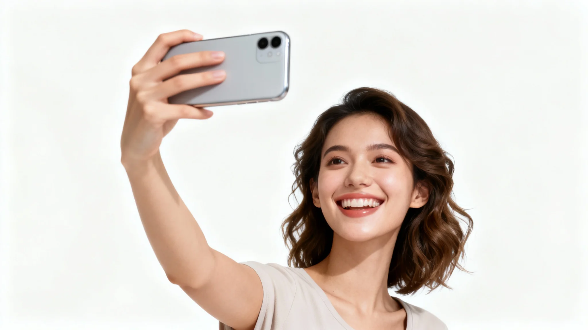 A photorealistic image of a happy young woman taking a selfie with her smartphone, presented as a mockup against a plain white background.