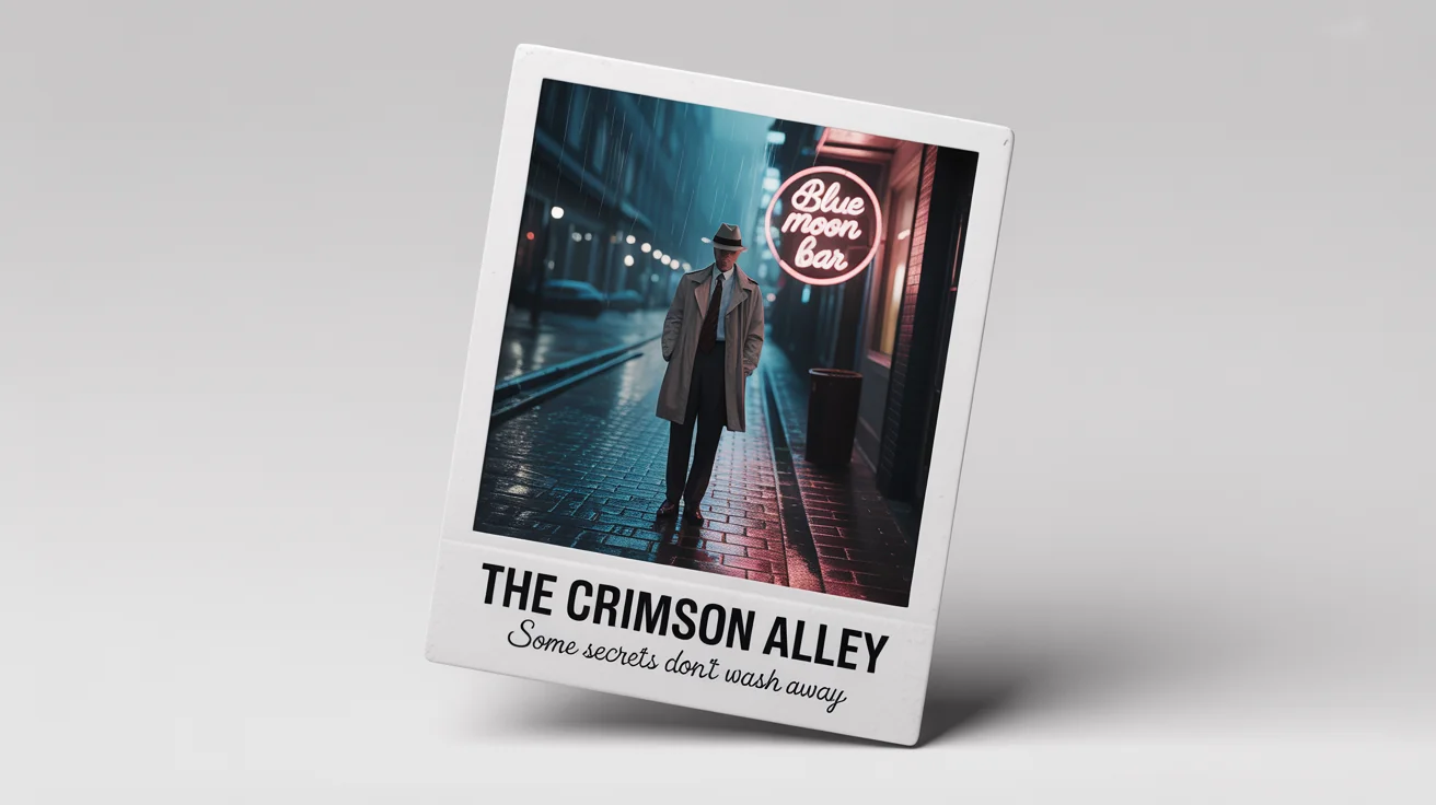 A mockup of a polaroid-style movie poster for a fictional mystery film titled 'The Crimson Alley', set against a clean white background. The image shows a detective on a rainy night.