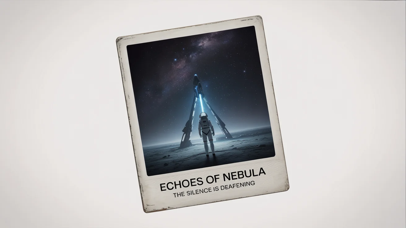 A polaroid-style movie poster for a fictional sci-fi film titled 'Echoes of Nebula', showing an astronaut on an alien planet, set against a clean white background.