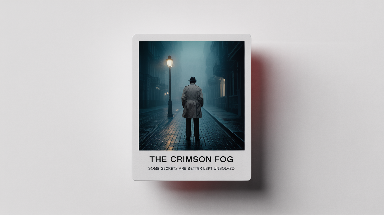 A mockup of a polaroid-style movie poster for a noir film titled 'The Crimson Fog,' featuring a detective on a foggy street.