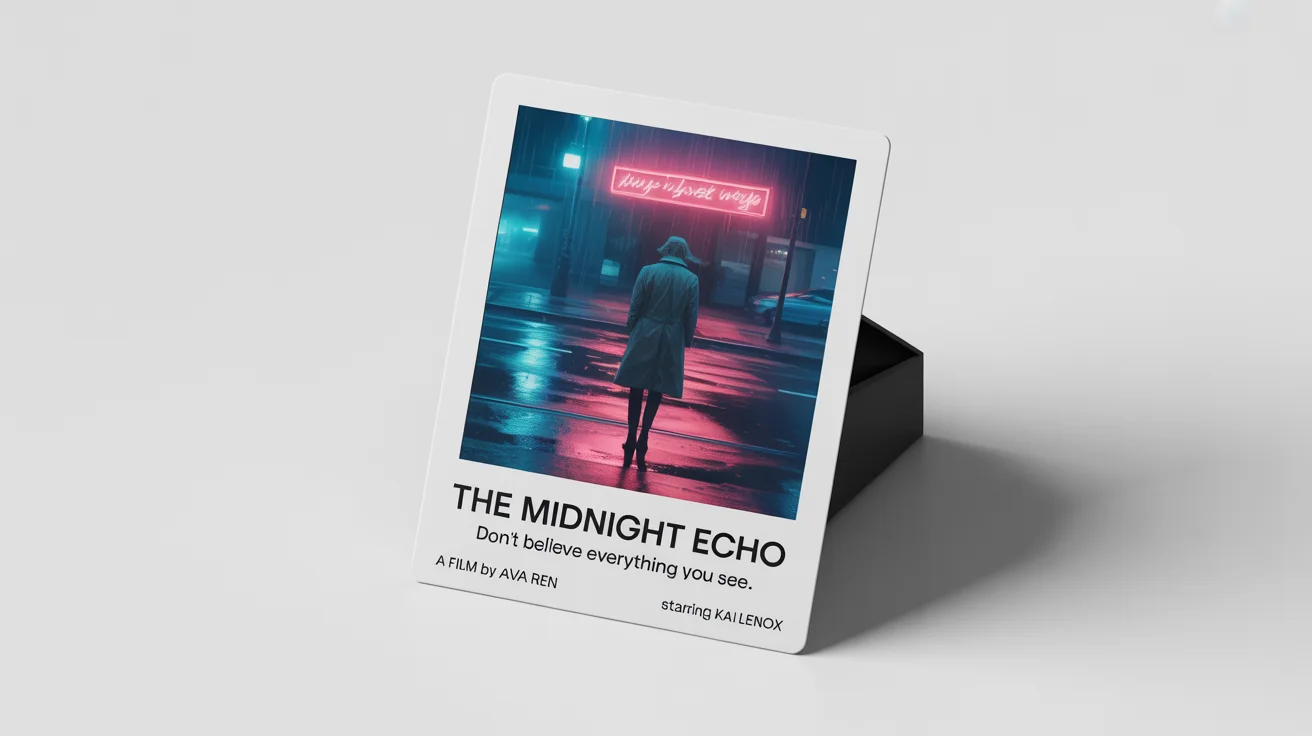A mockup of a polaroid-style movie poster for a fictional noir film titled 'The Midnight Echo', set against a clean white background.