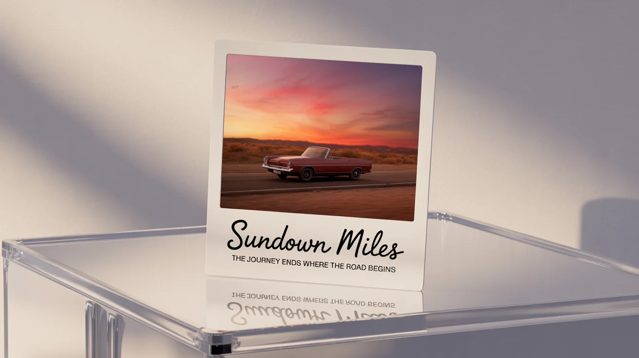 A mockup of a polaroid-style movie poster for a film titled 'Sundown Miles,' showing a vintage car on a desert road at sunset. The polaroid is displayed against a white background.